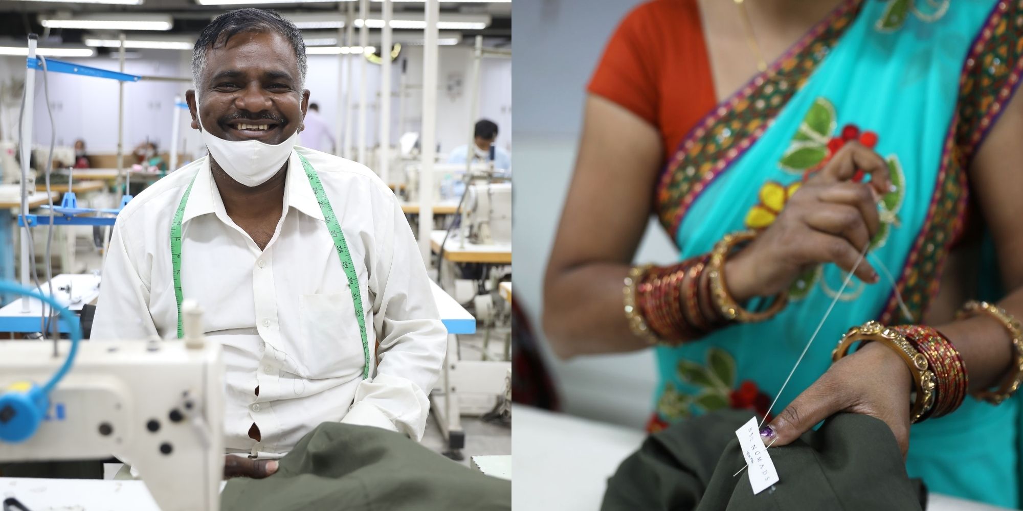 Two workers creating eco garments in a factory for Neu Nomads.