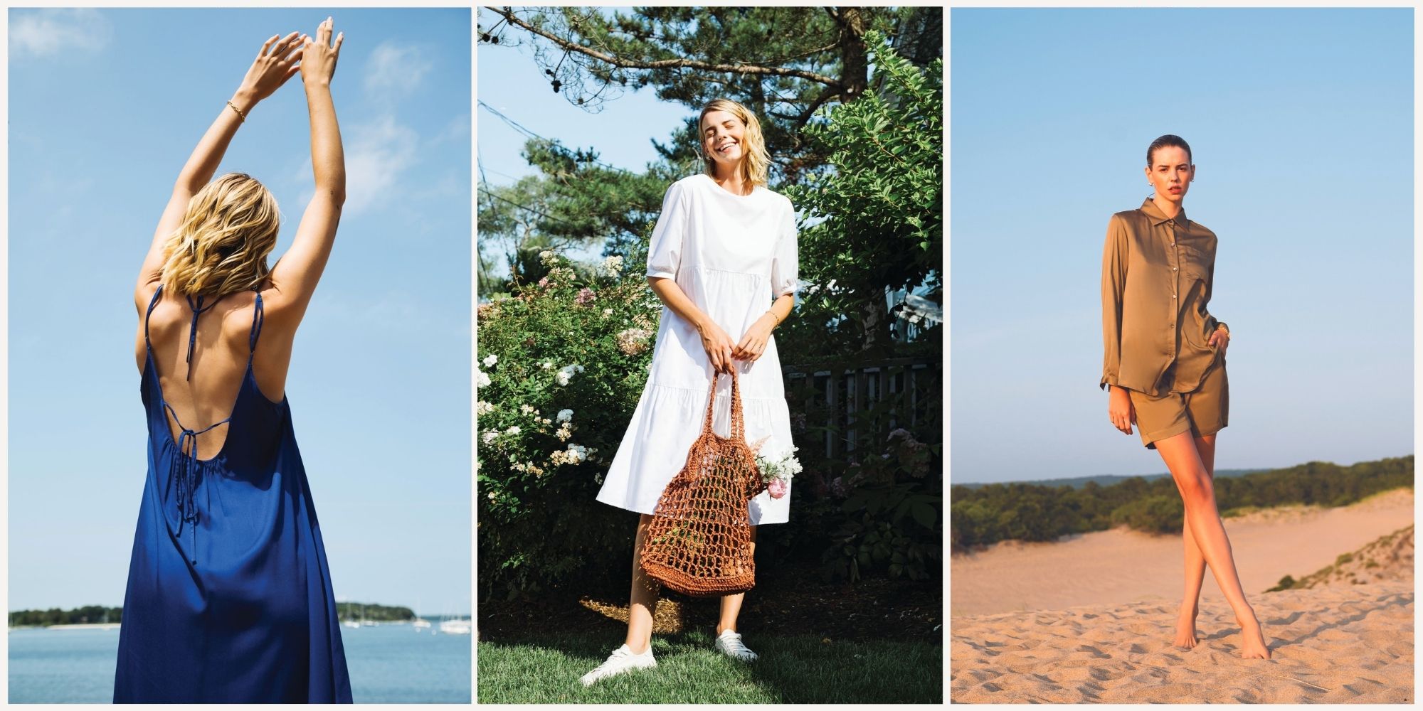 Three images of sustainably clothes by Neu Nomads from their new SS22 collection.