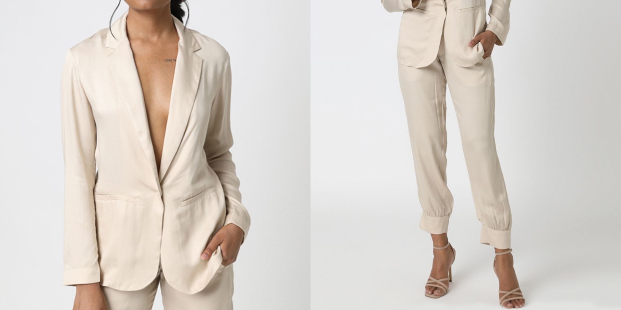 A champagne blazer and pants set by Neu Nomads.