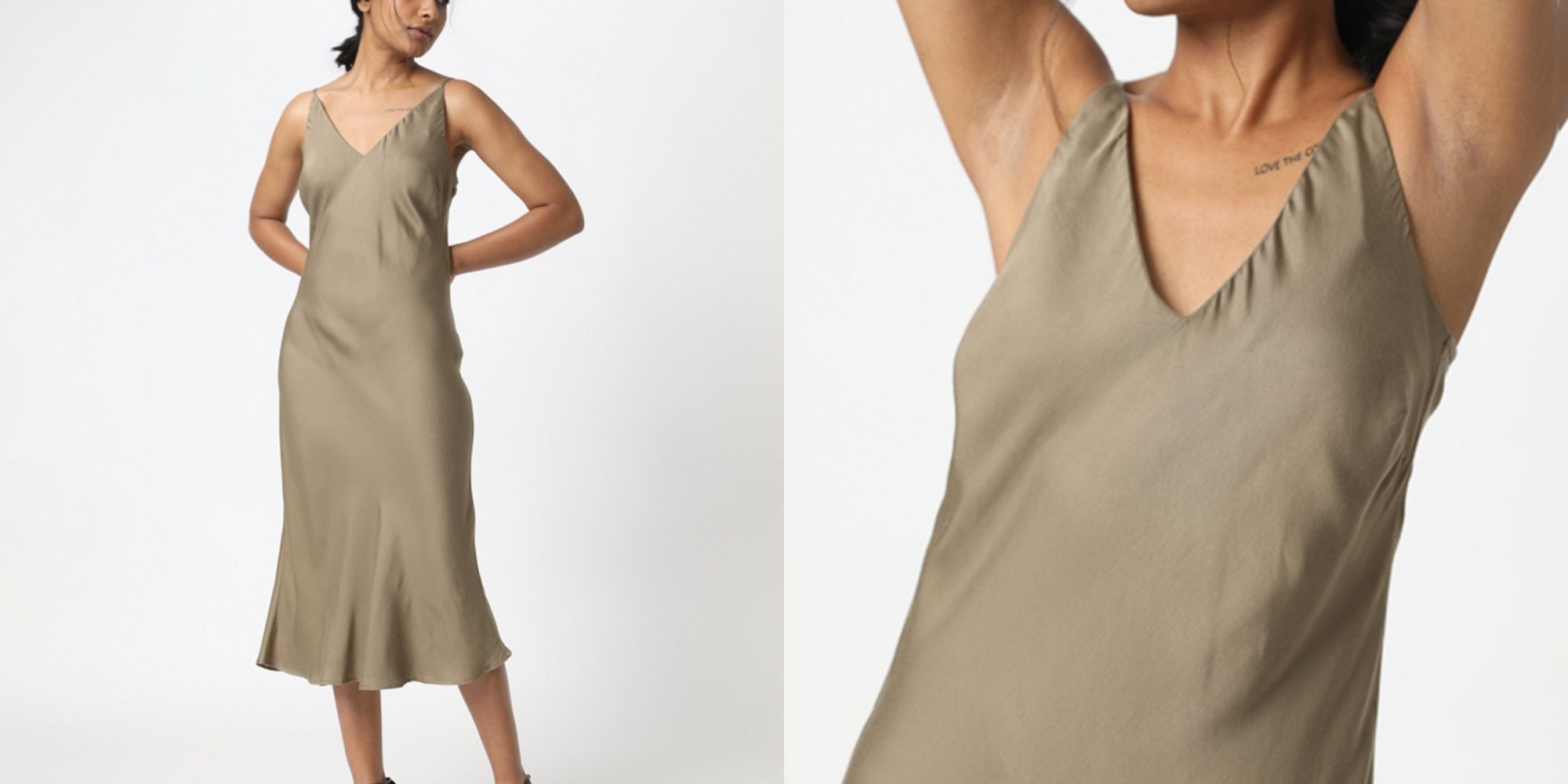 A light olive bias cut silky slip dress by Neu Nomads.