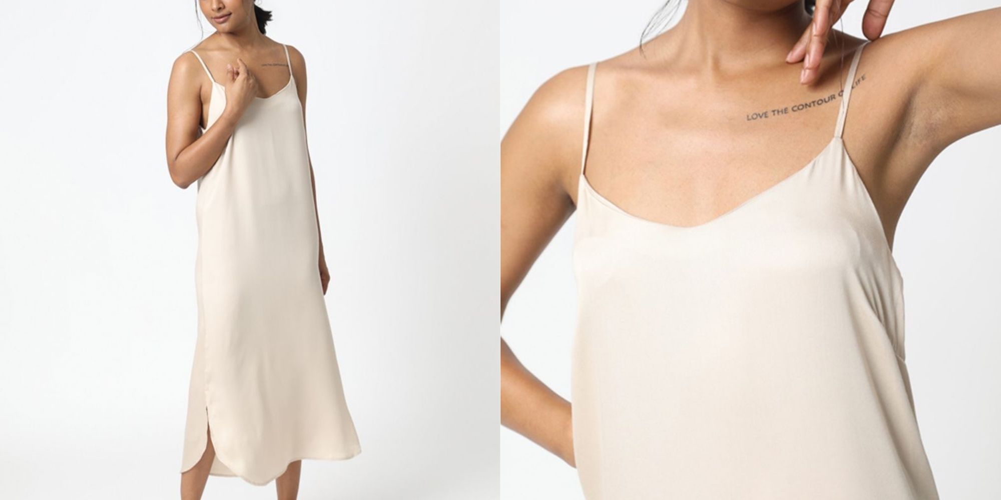 A champagne silky slip dress by Neu Nomads.