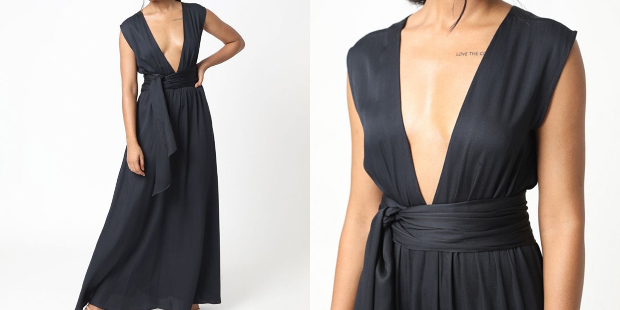 A deep V full length black gown by Neu Nomads.