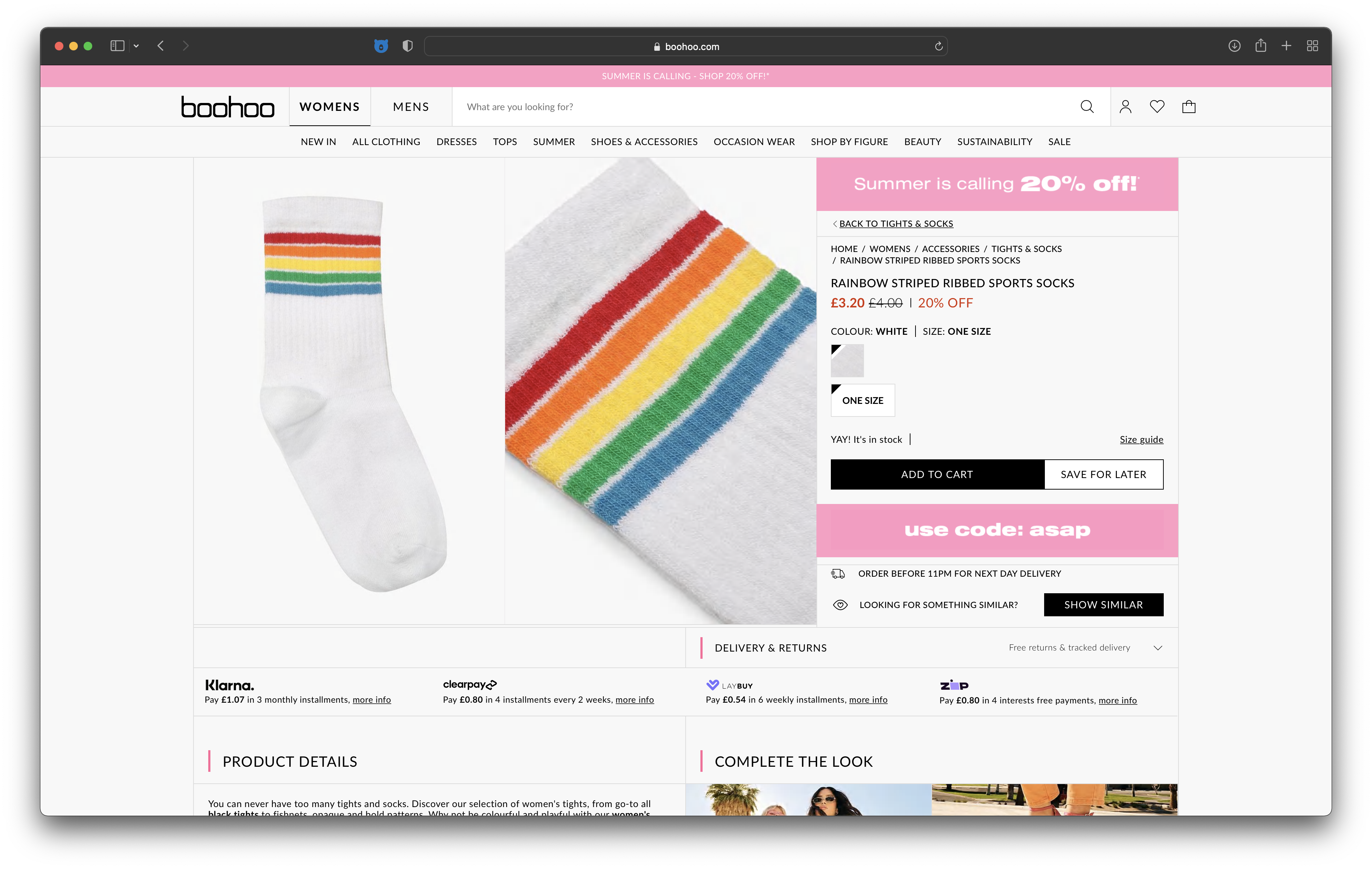 Rainbow tube socks for sale on Boohoo's online shop, where dozens of other rainbow garments are advertised as showing support for the LGBTQ+ community