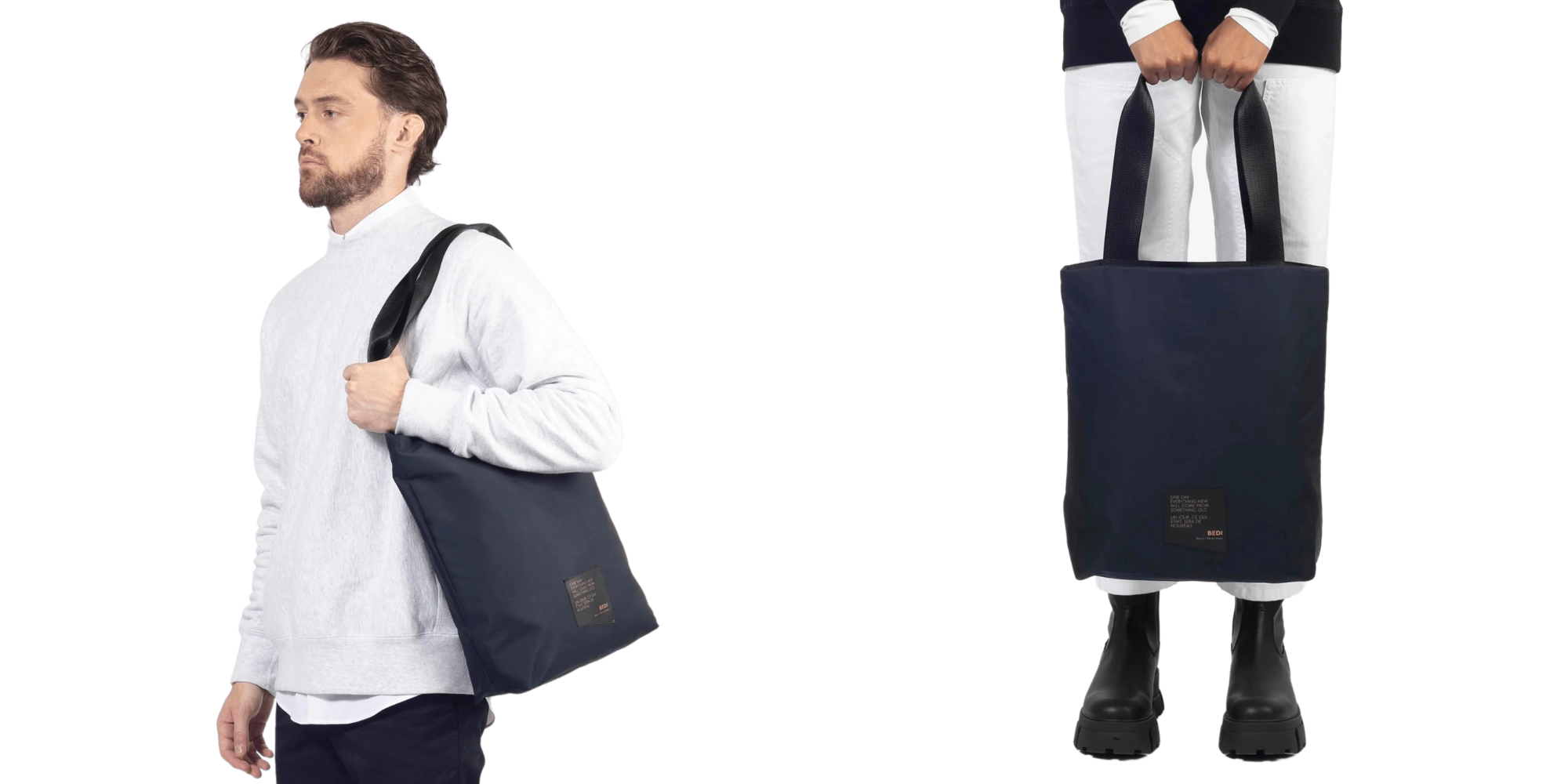person with Mile End Tote Bag on shoulder, front view of person holding tote by BEDI