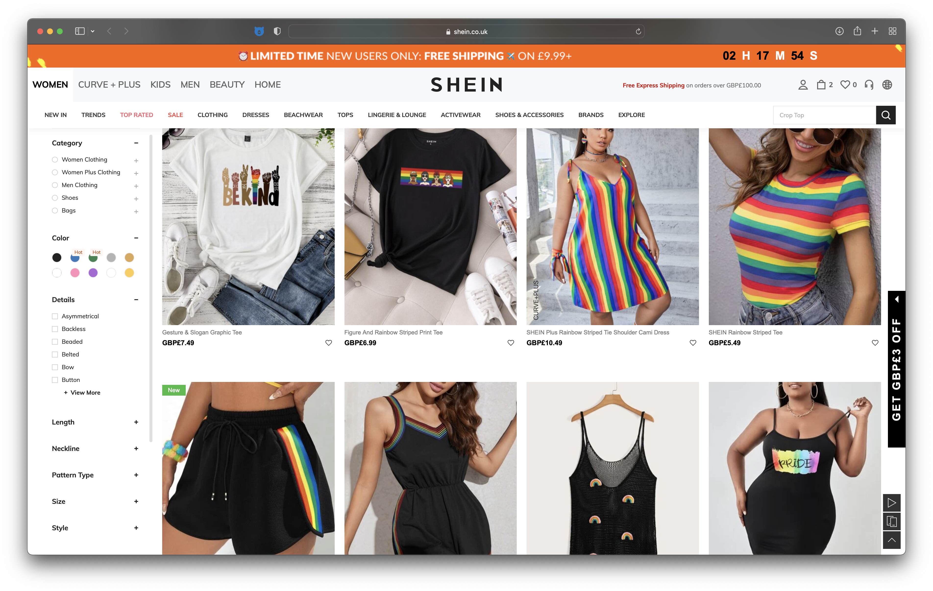 Screenshot showing some of the nearly 400 Pride items for sale at SHEIN's online shop