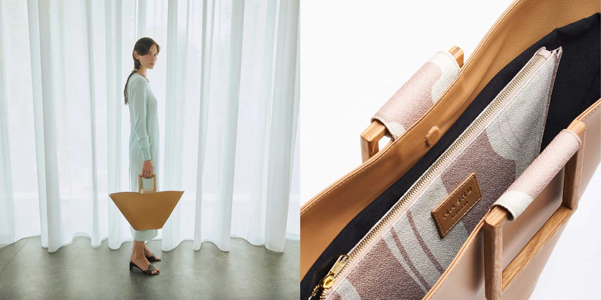 A tan leather tote bag with wooden handles by Mashu.