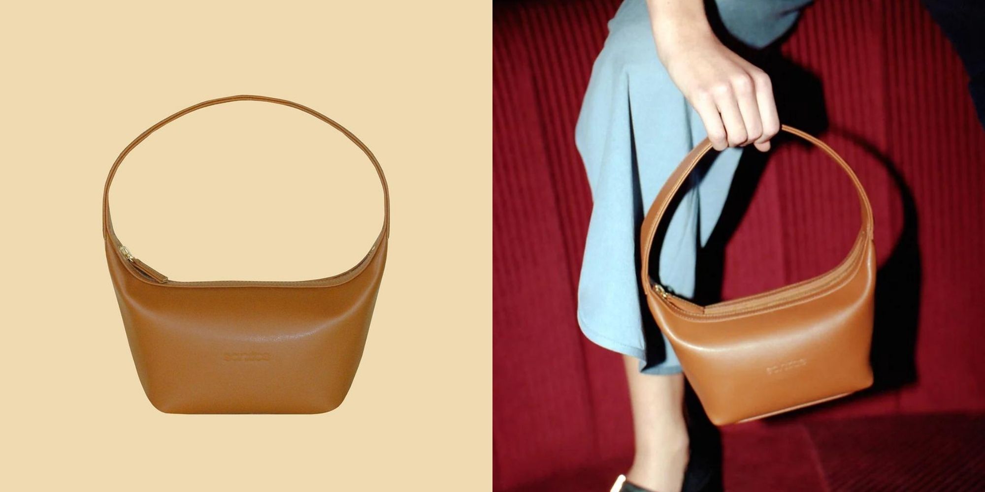 A cognac vegan cactus leather baguette bag by Santos by Monica.