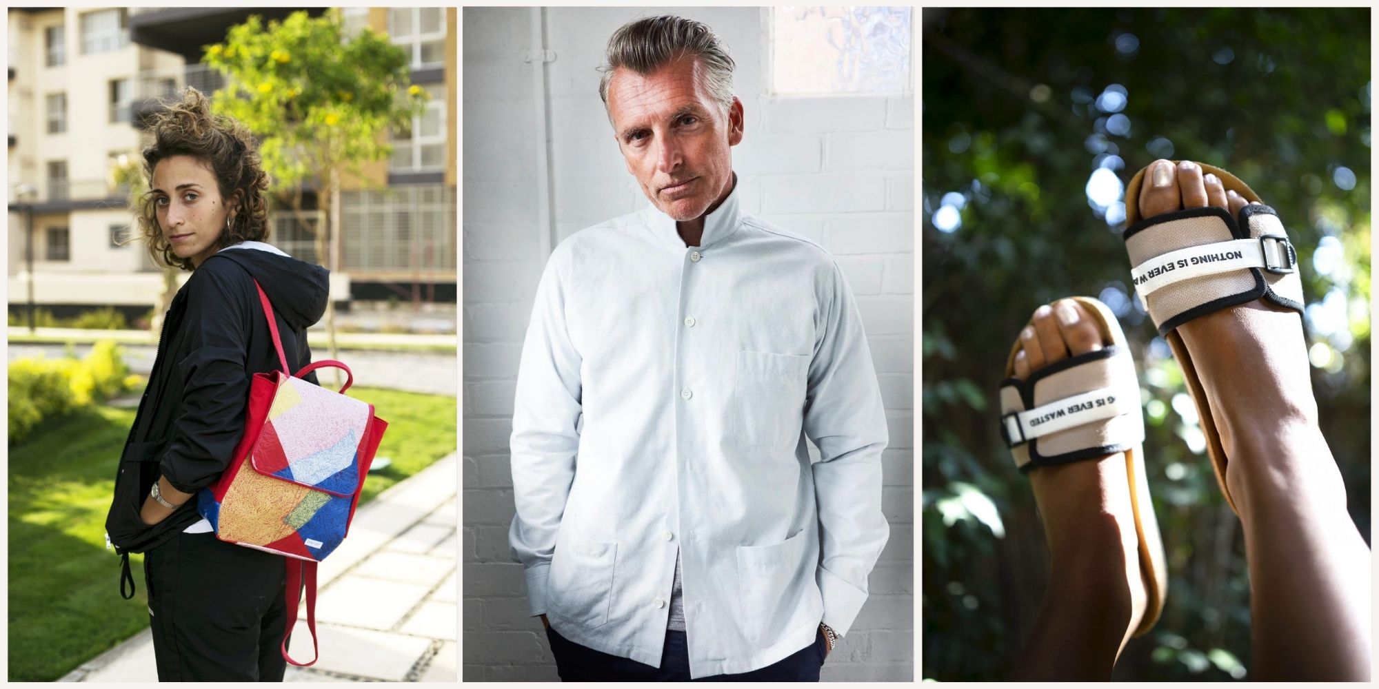 Three shots side-by-side, left shows someone wearing a rainbow upcycled plastic backpack by Up-Fuse, middle shows an older person wearing eco-friendly menswear by Neem, right shows beige upcycled slides by Up-Fuse.