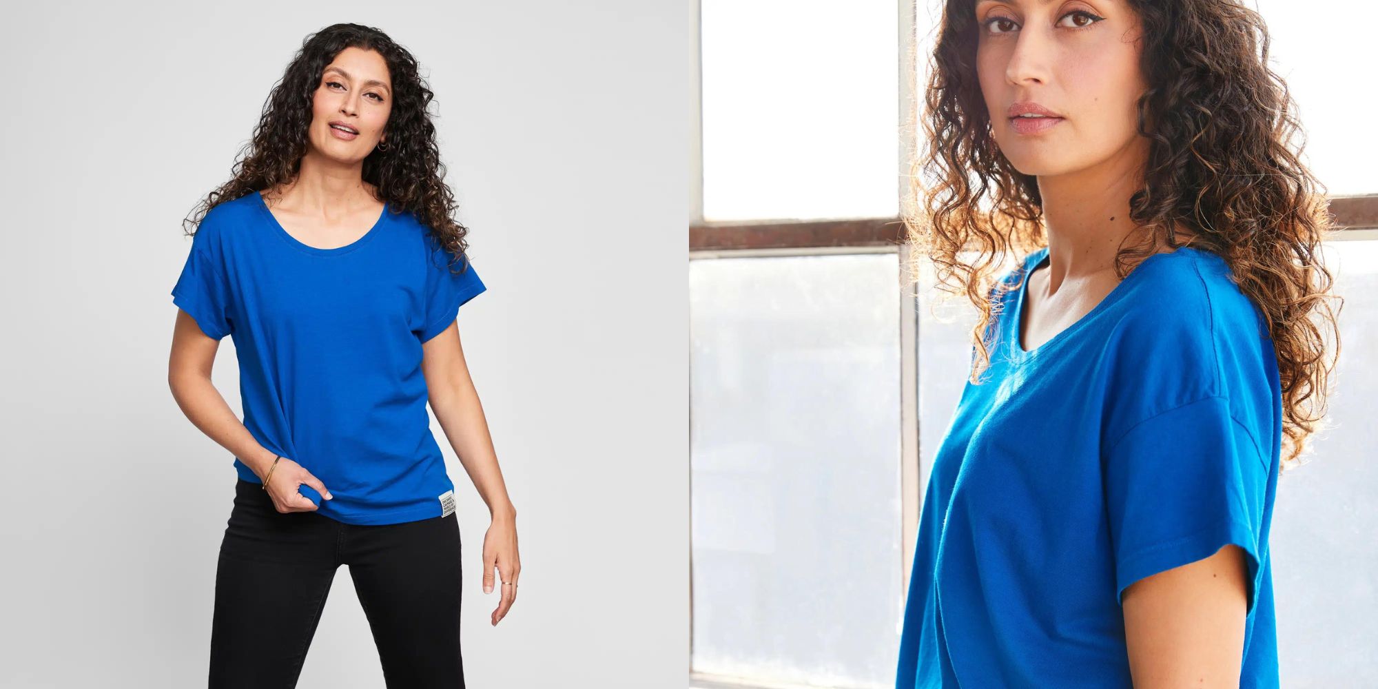 A boxy royal blue organic cotton and hemp t-shirt by Alter X Company.