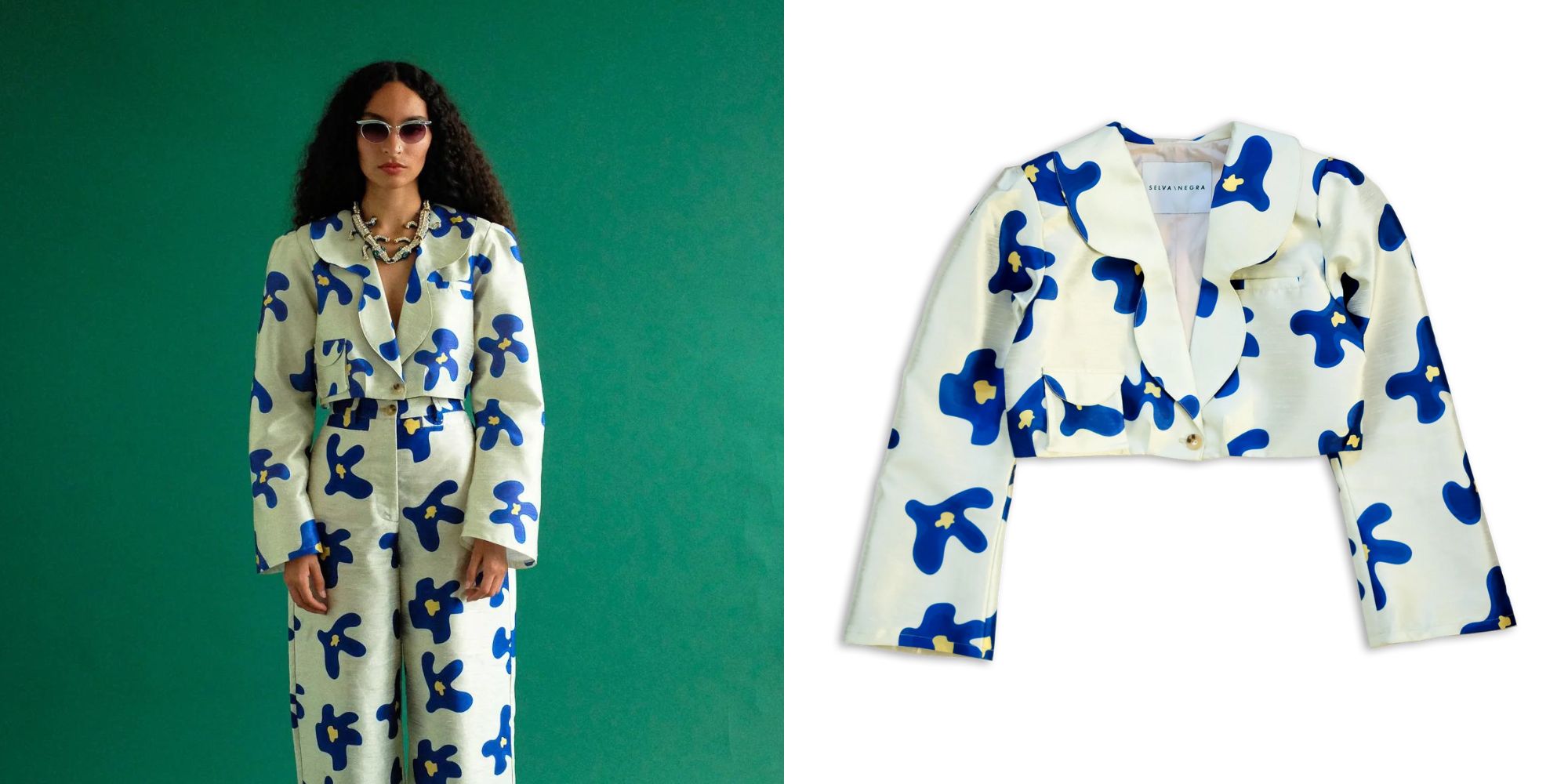 A white cropped blue flower print jacket by Selva Negra.