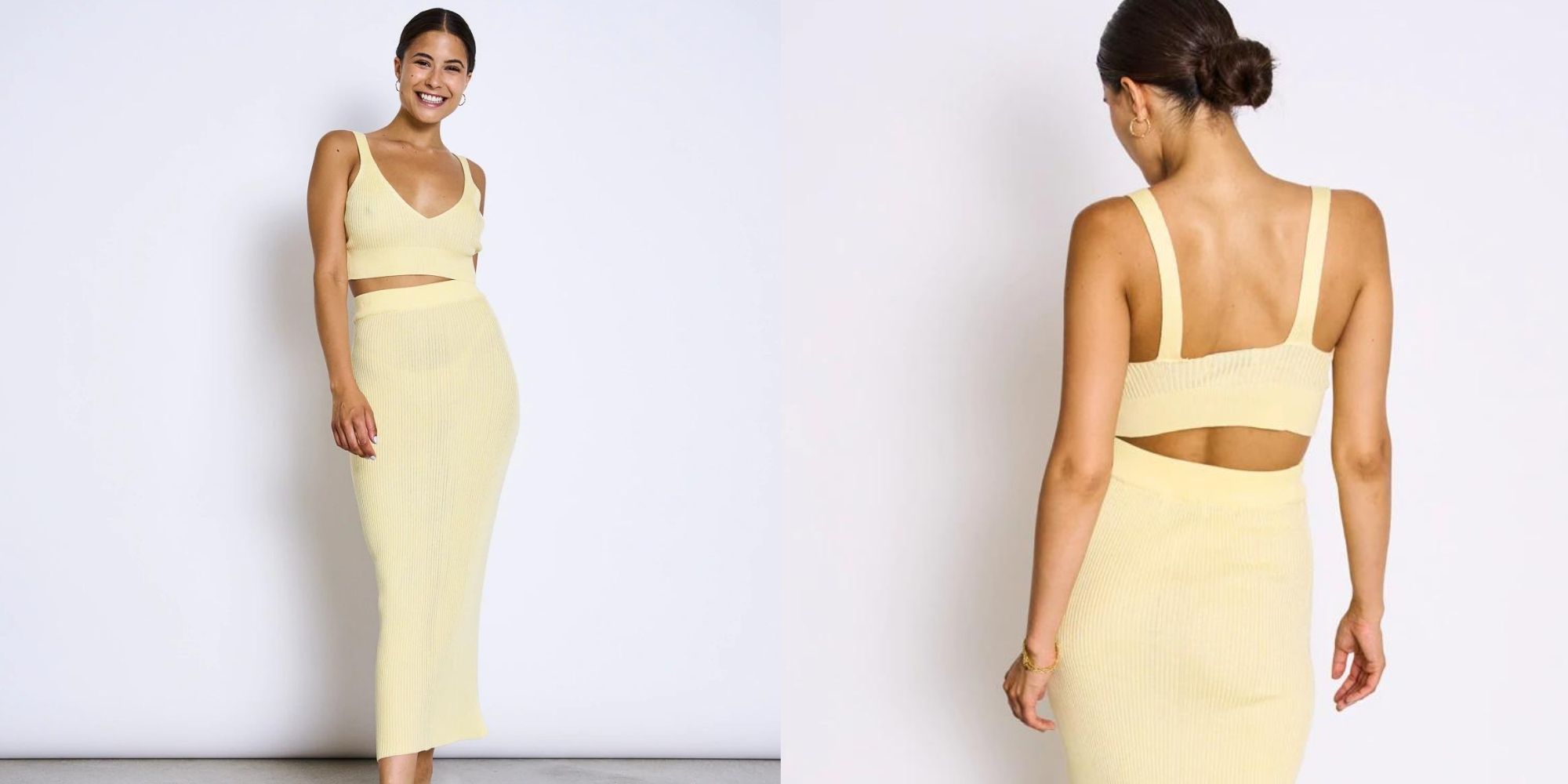A pale lemon yellow top and skirt combo by JAN 'N JUNE.