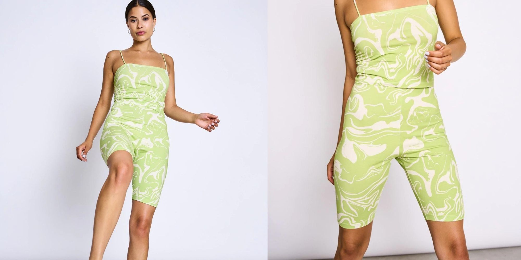 A green and white patterned active top and shorts set by JAN 'N JUNE.