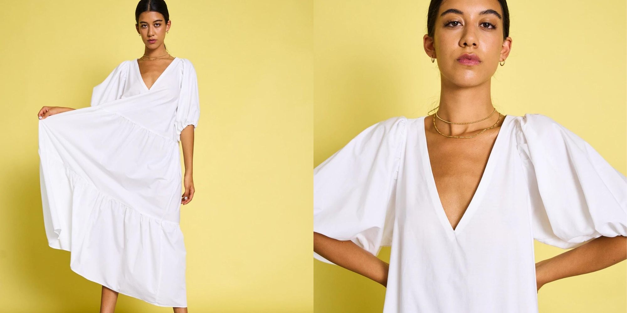 A white deep v neck flowy dress by JAN 'N JUNE.