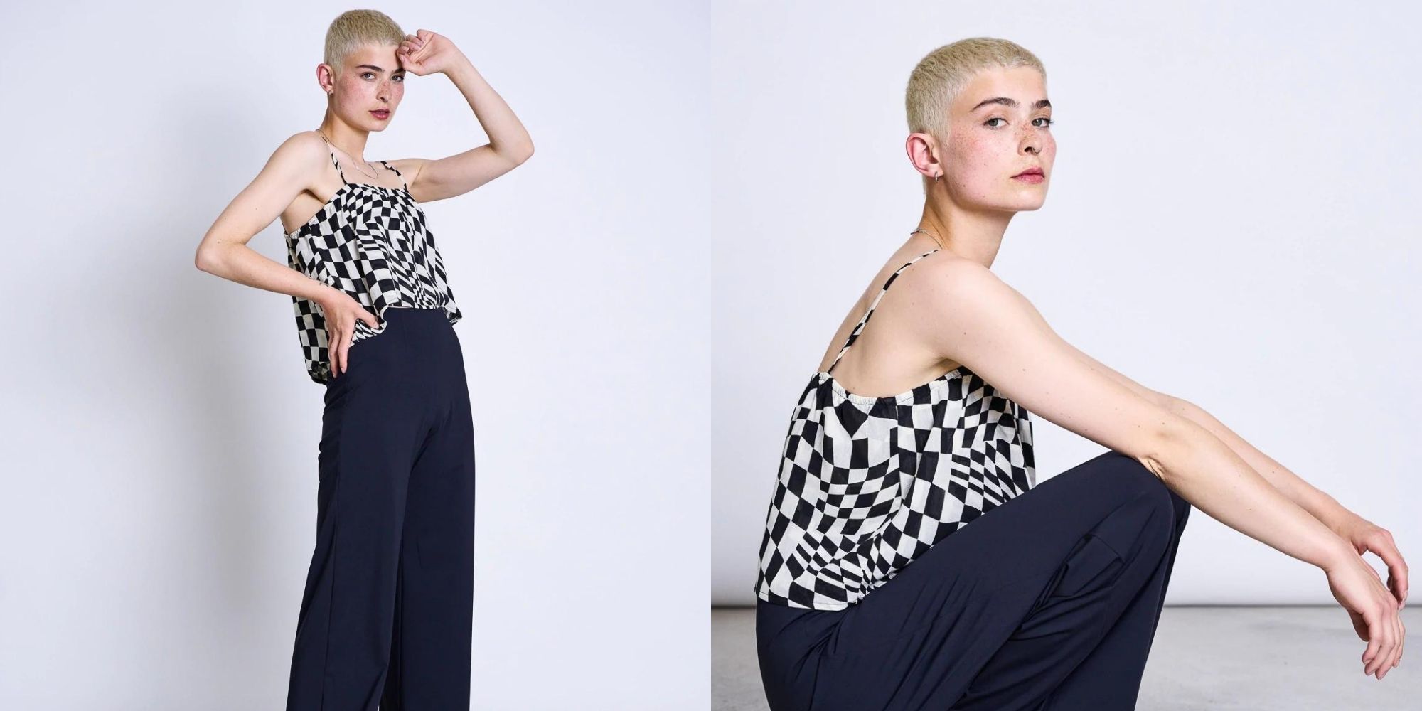 A black and white checkered top and black pants by JAN 'N JUNE.