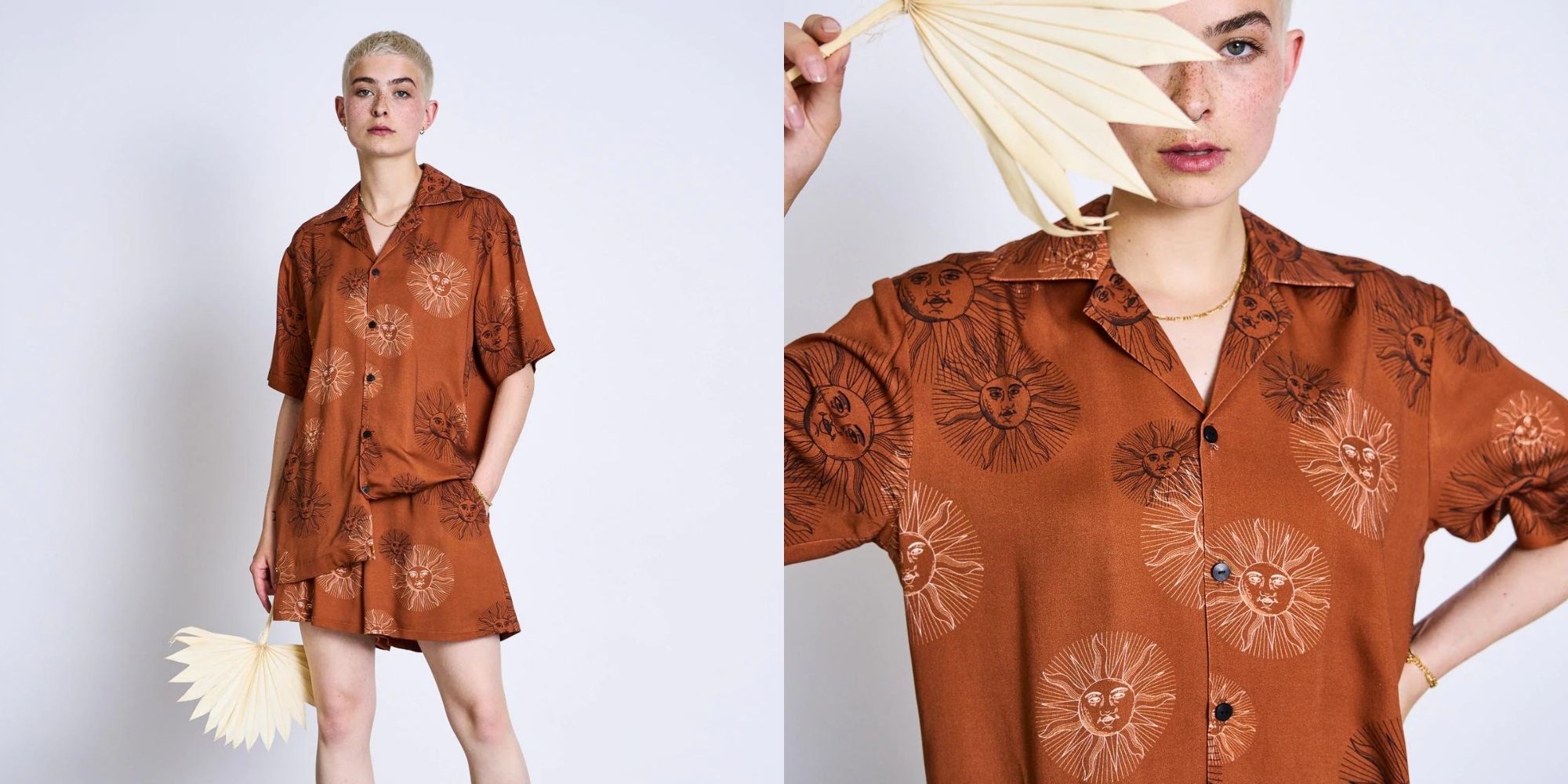 A burnt orange patterned shirt and shorts combo by JAN 'N JUNE