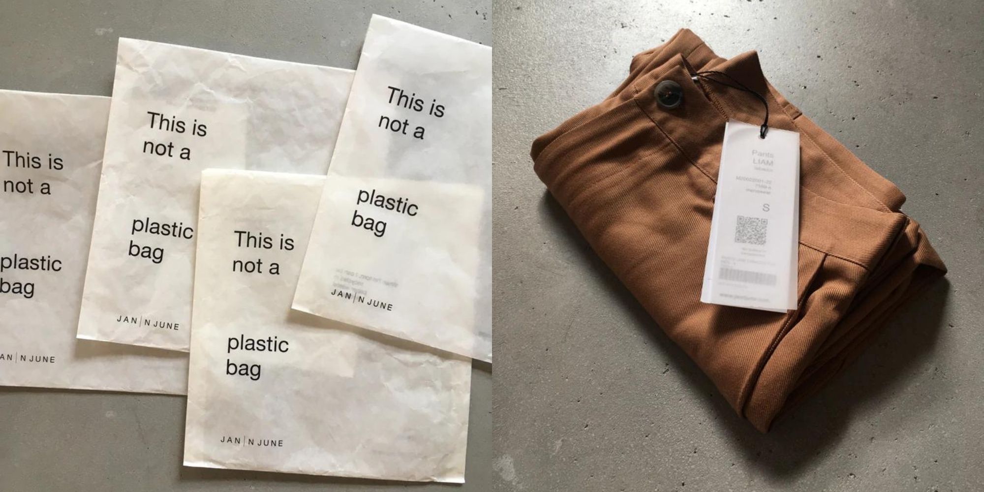 A photo of the plastic free JAN 'N JUNE bags and a pair of pants with a sustainability QR code on the tag.