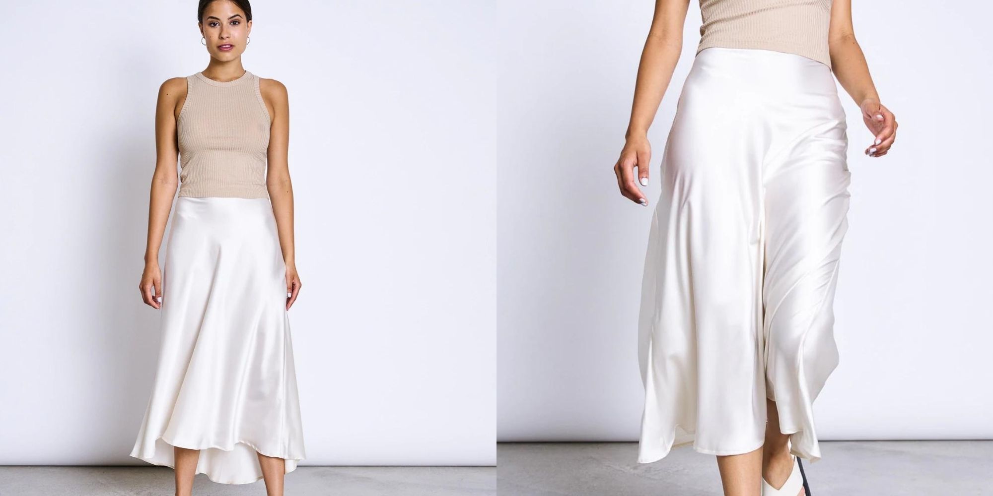 A silky white vegan ankle length skirt ethically made by JAN 'N JUNE.