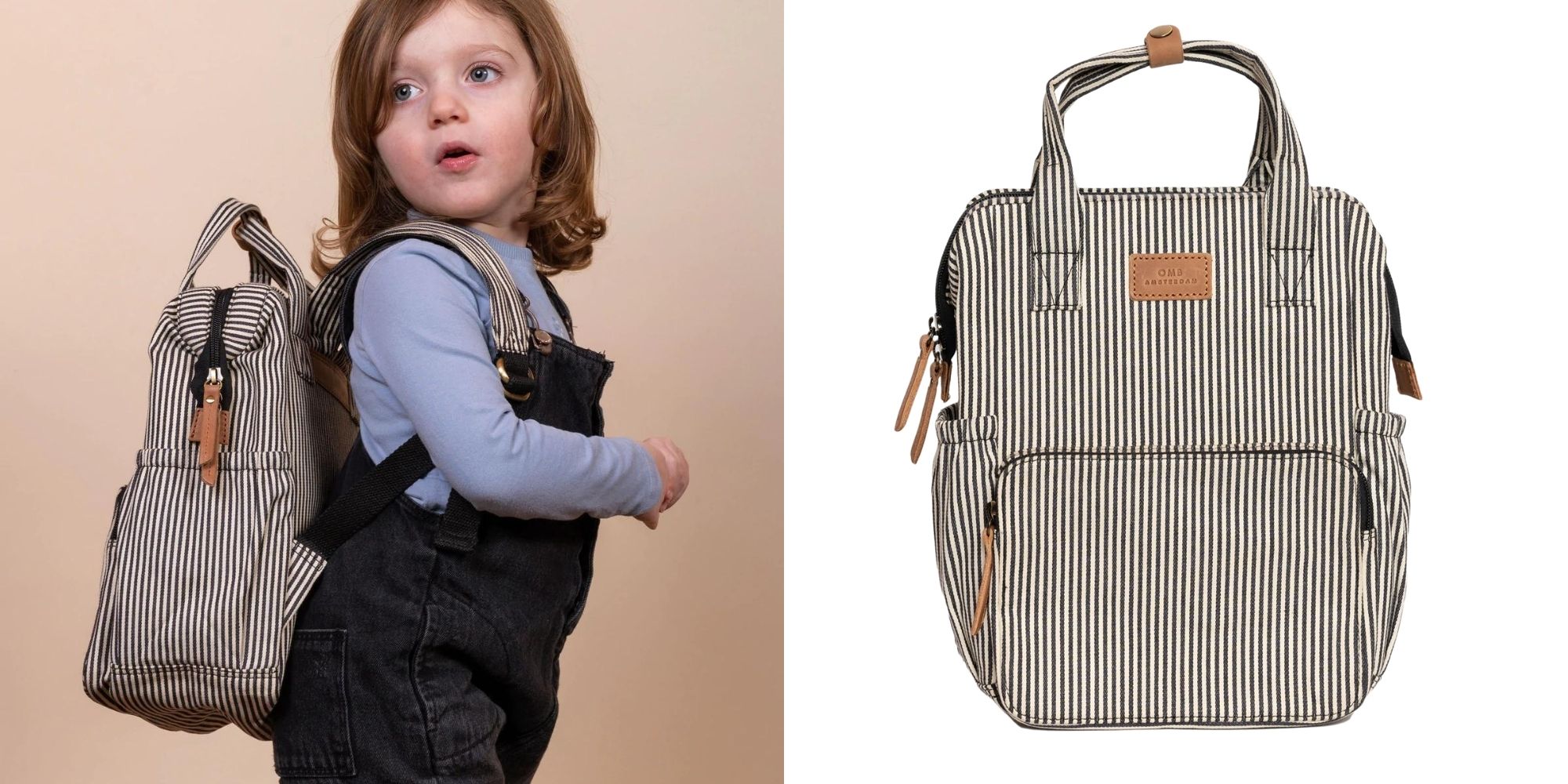 A cotton and leather black and white striped kids' backpack by O My Bag.