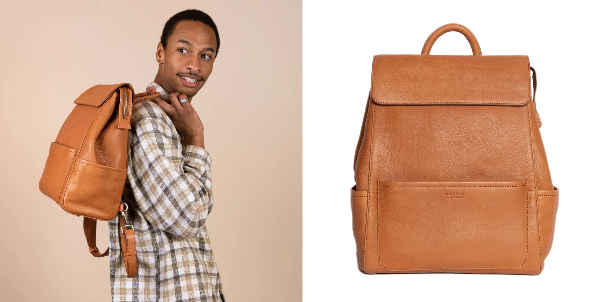 A cognac leather backpack by O My Bag.