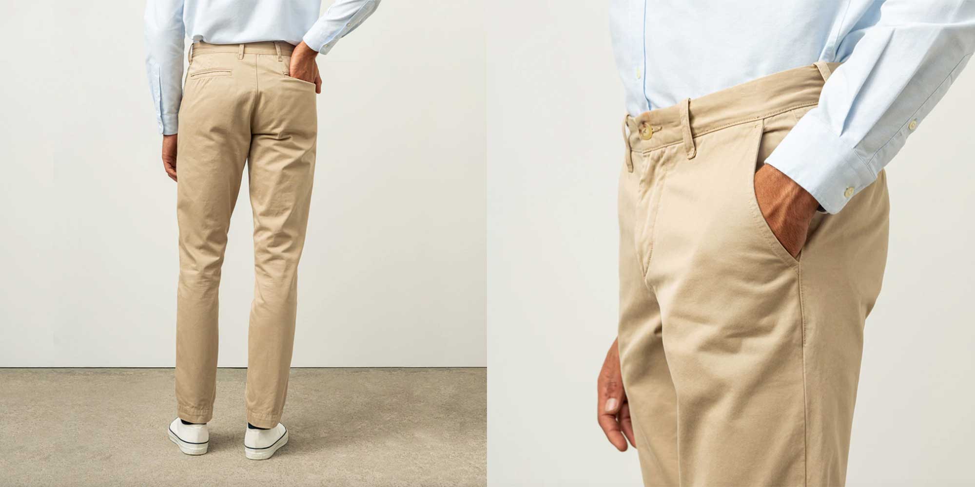 A person wearing classic beige chinos by ISTO.