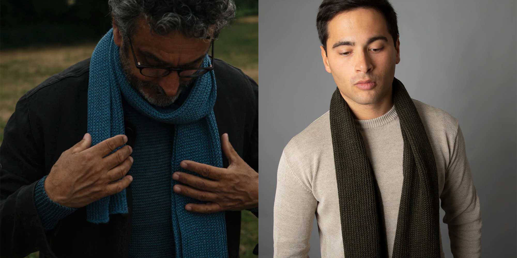A person wearing a dark green knitted scarf by Opera Campi.