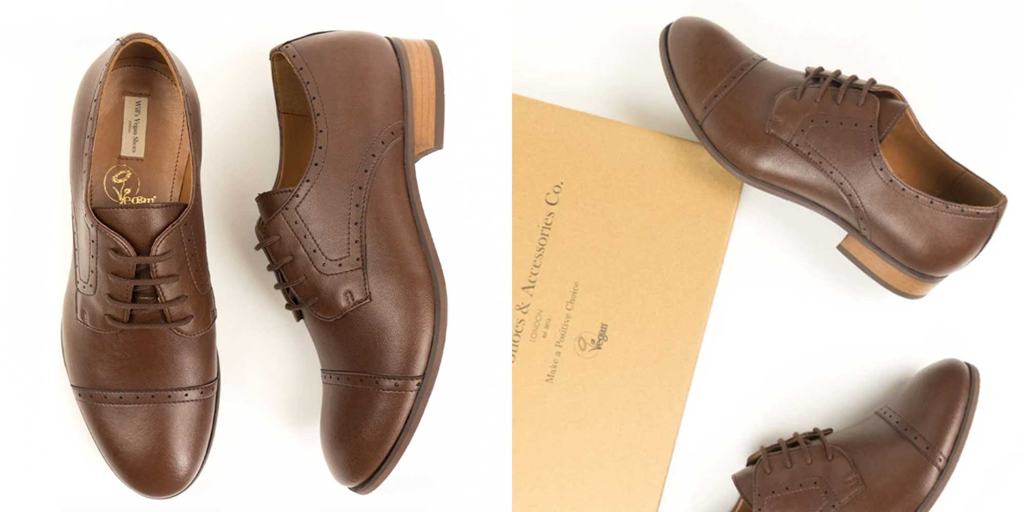 A pair of brown vegan leather smart Derby shoes by Will's Vegan Store.