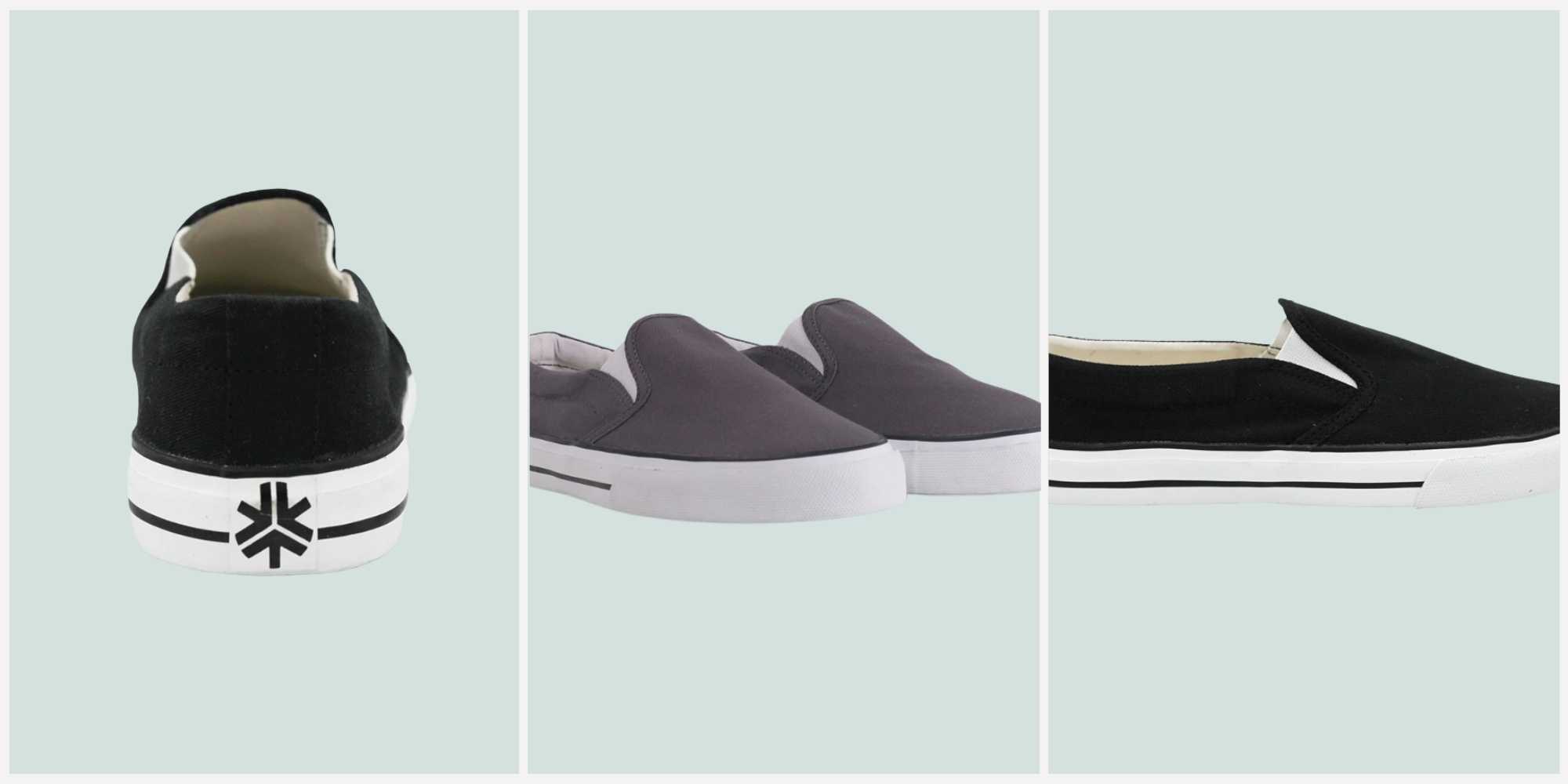 Black and whit and grey Etiko slip on sneakers.