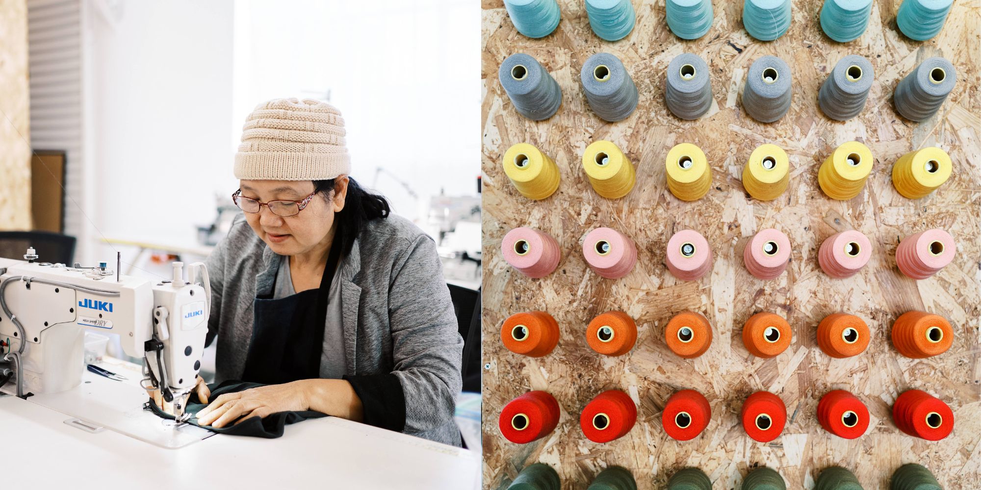 A factory worker sewing next to a wall of colourful yarn in the Citizen Wolf factory.