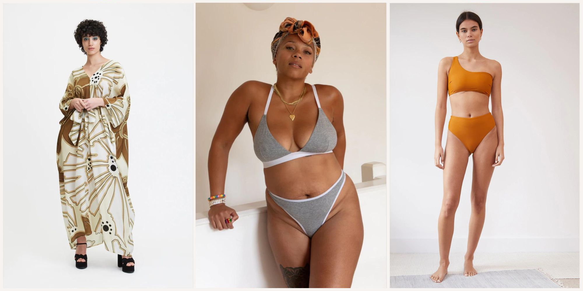 A person in a patterned resort wear dress by Louisa Parris; a person in a grey and white underwear set by Pantee, and a person in an orange bikini set by Casa Raki.