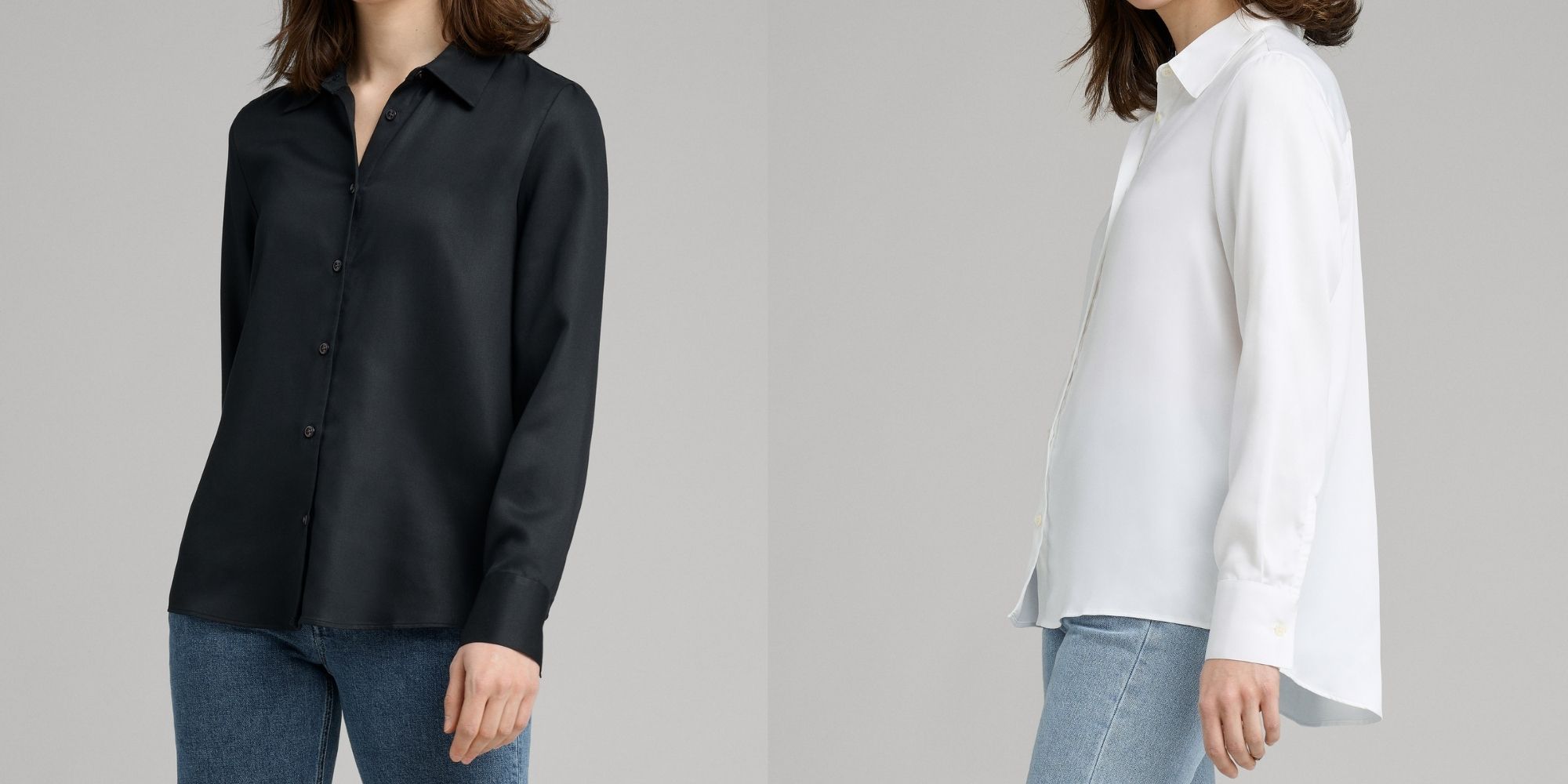 Someone modelling a black and a white lyocell shirt sustainably made by ASKET.