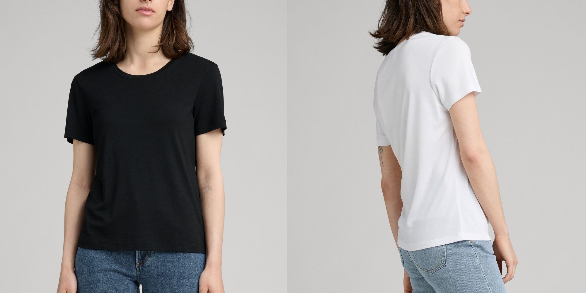 Someone modelling a black and a white lyocell t-shirt ethically made by ASKET.