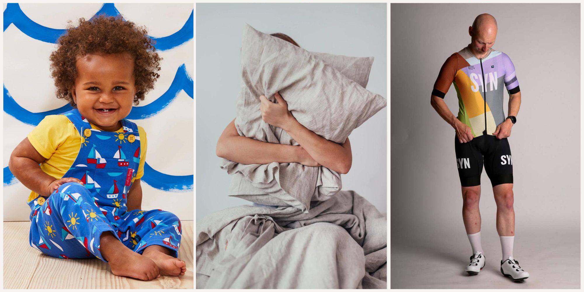 Three images side by side of sustainable brands Toby Tiger, Sand Snow Linen, and Biehler.