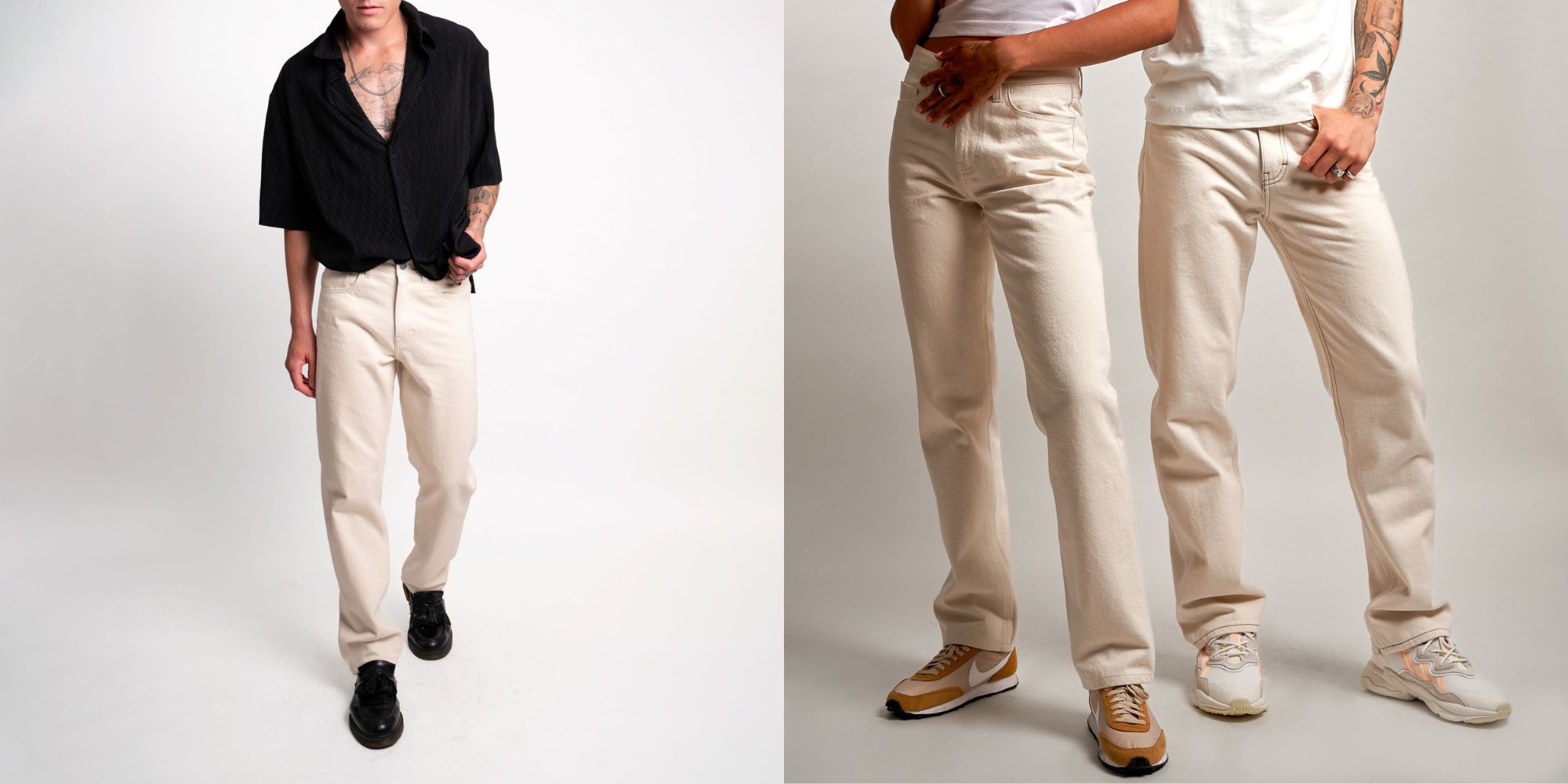 People modelling unspun's new undyed raw organic cotton jeans.