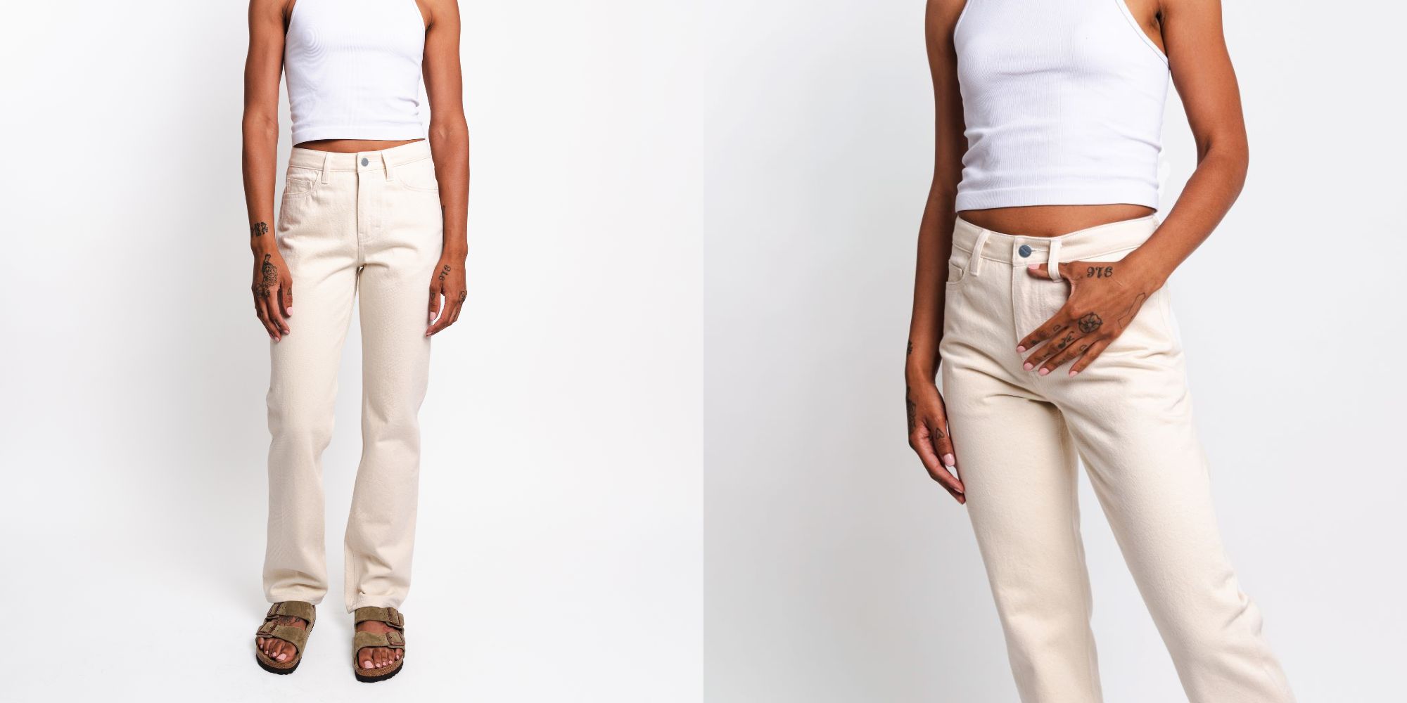 Someone modelling unspun's new feminine straight cut undyed raw organic cotton jeans.