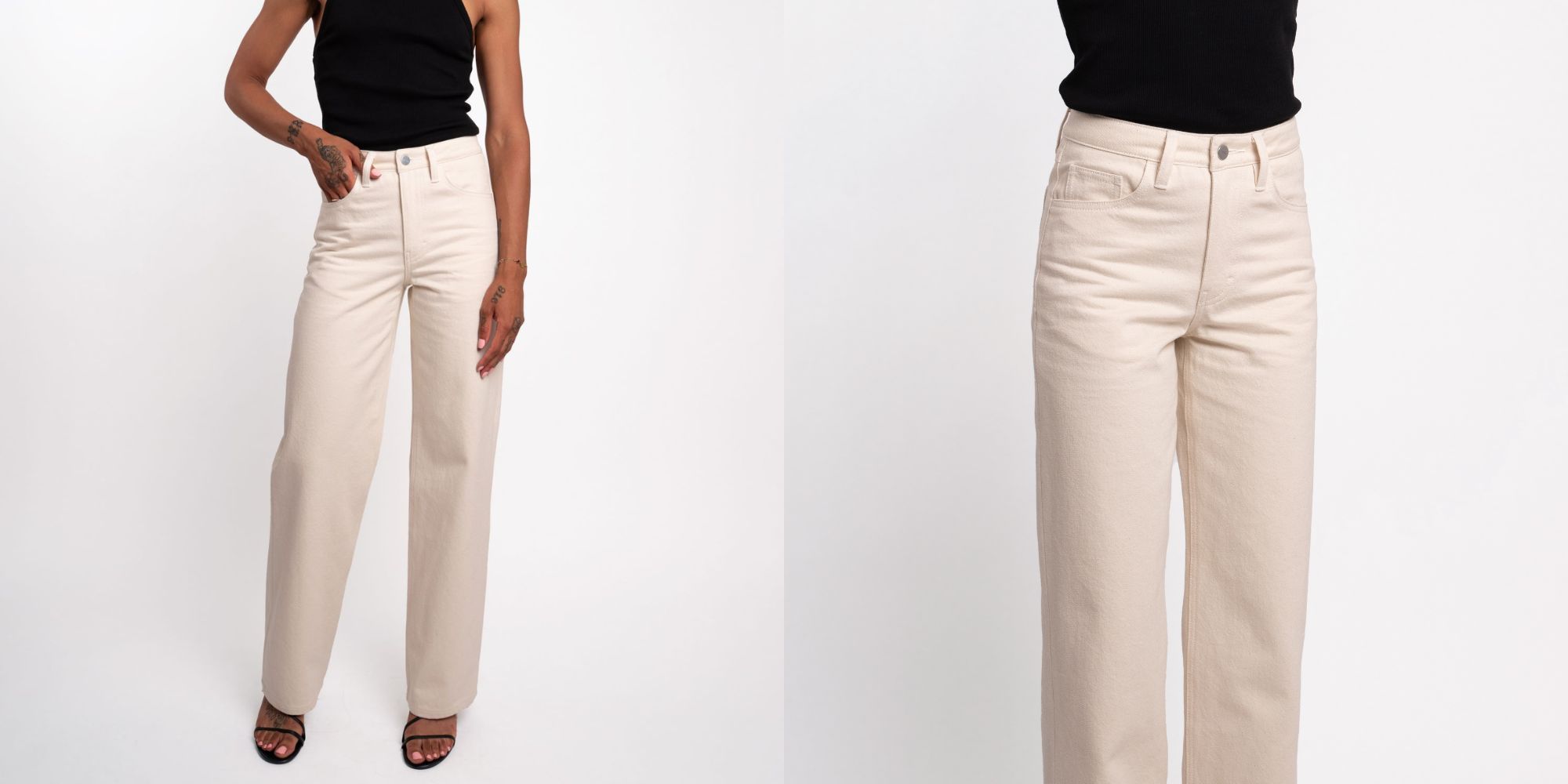 Someone modelling unspun's new feminine wide leg undyed raw organic cotton jeans.