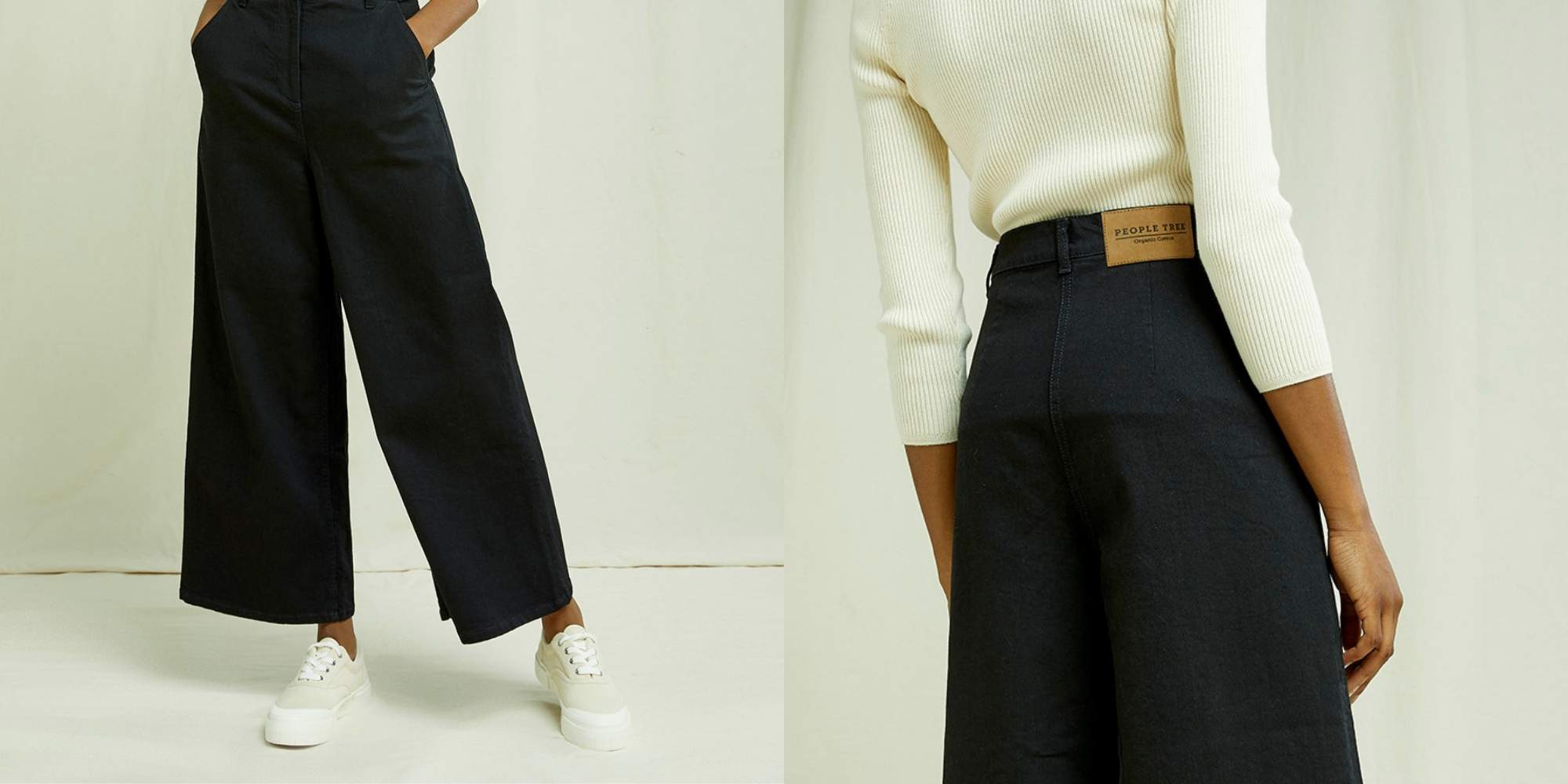 A pair of wide leg dark denim jeans by People Tree.