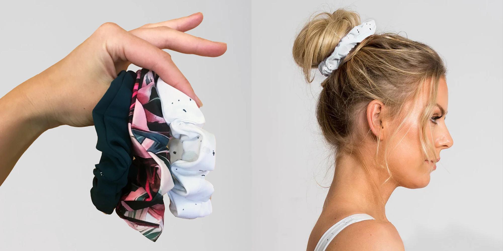 A woman wearing an eco-friendly scrunchie by Elle Evans.