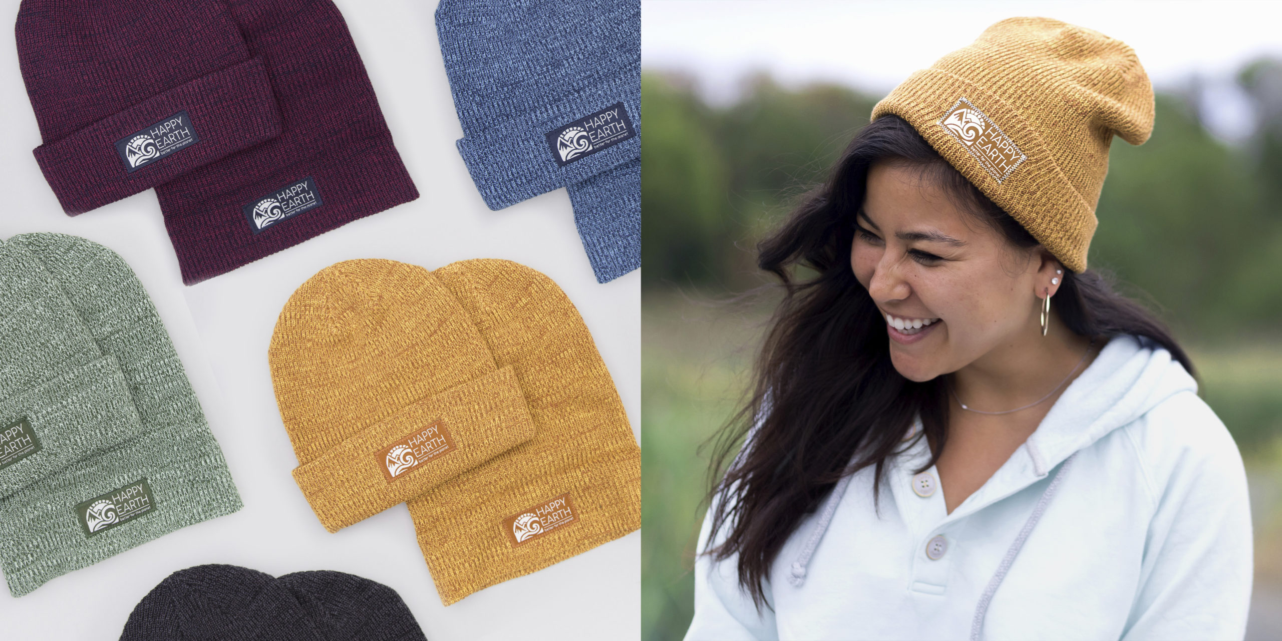 Organic convertible beanies in numerous colours, ethically made by Happy Earth.