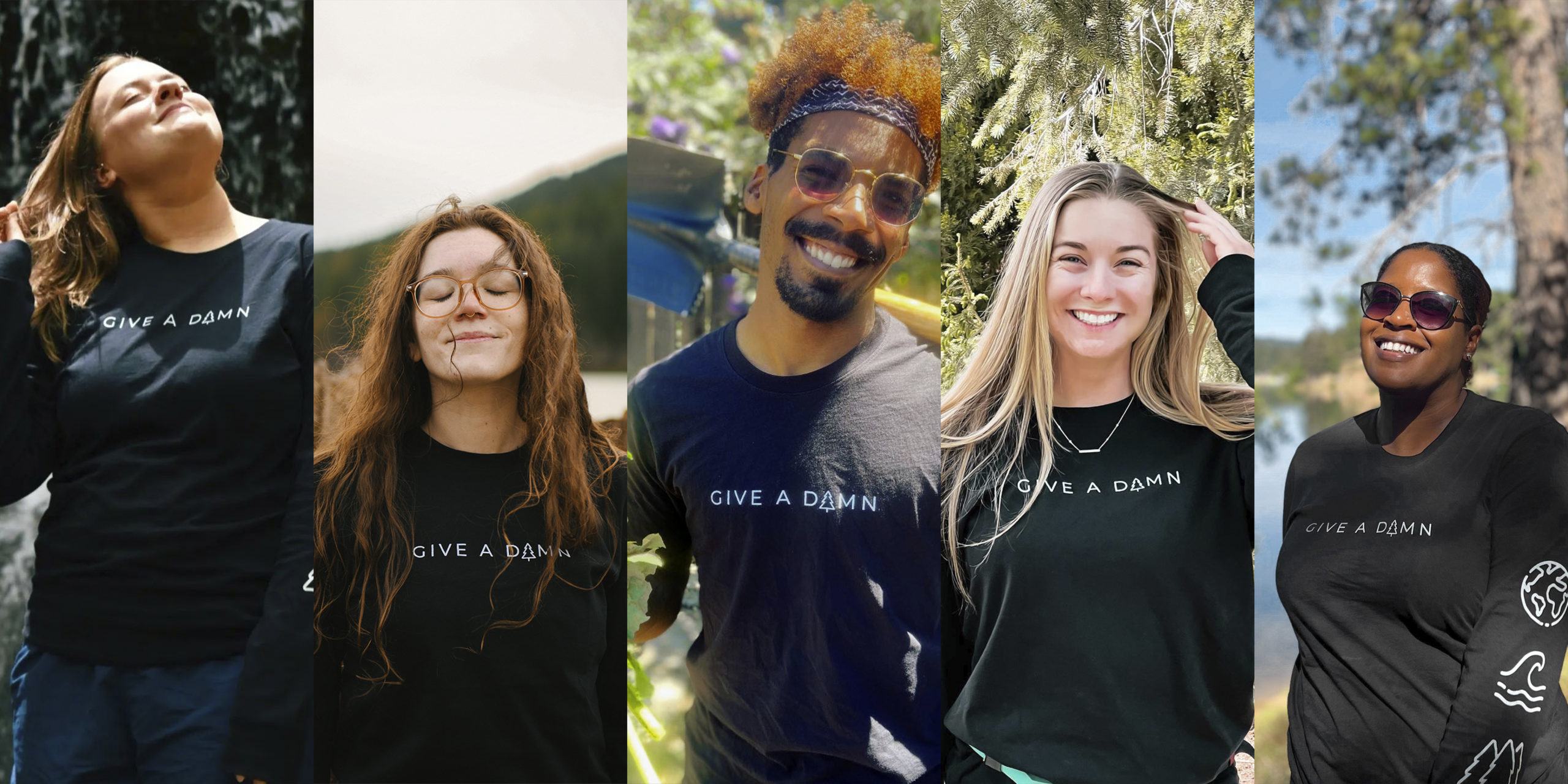 Five people wearing black shirts with white text that reads