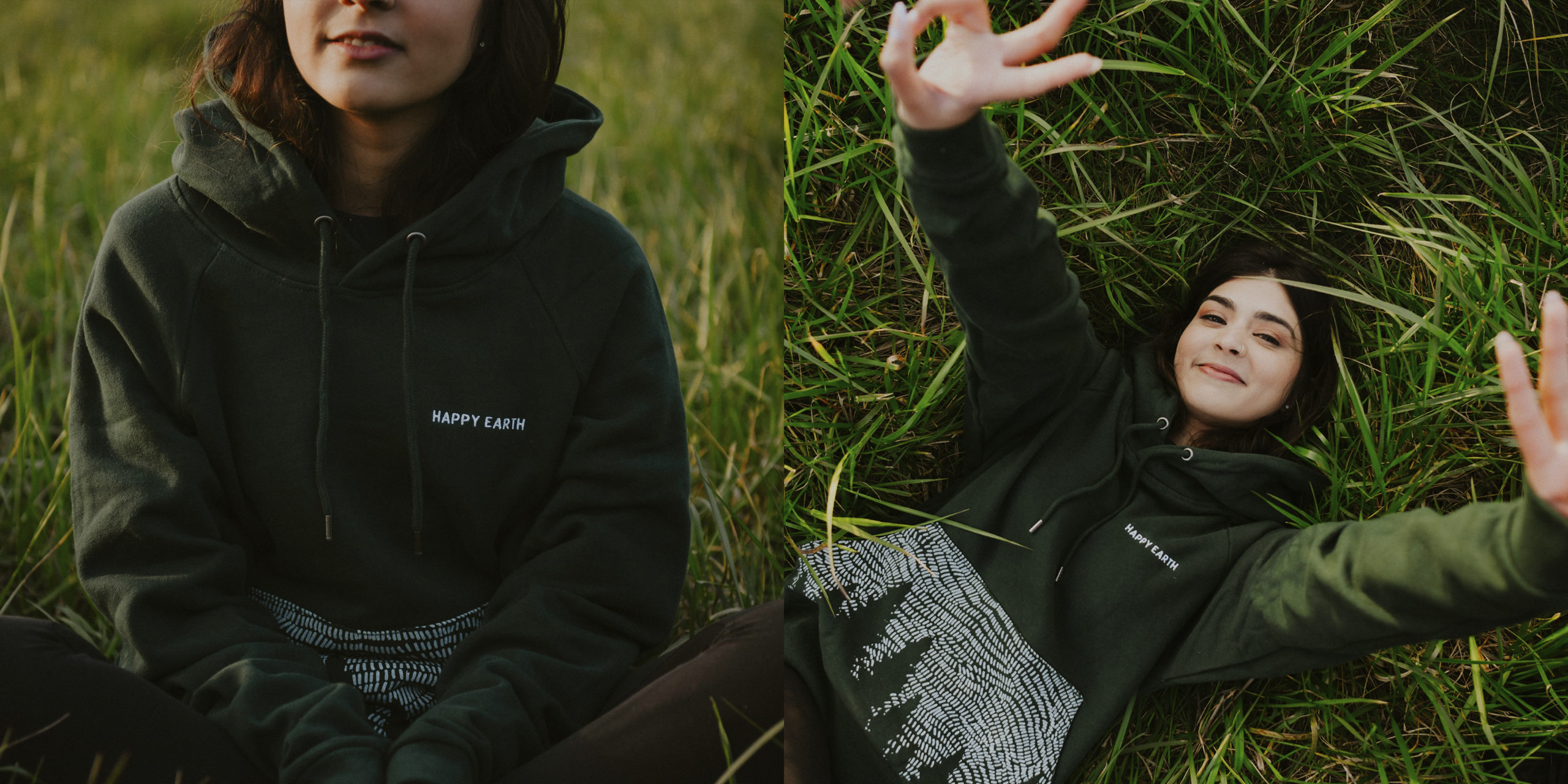A deep green stormy forest hoodie ethically made by Happy Earth.