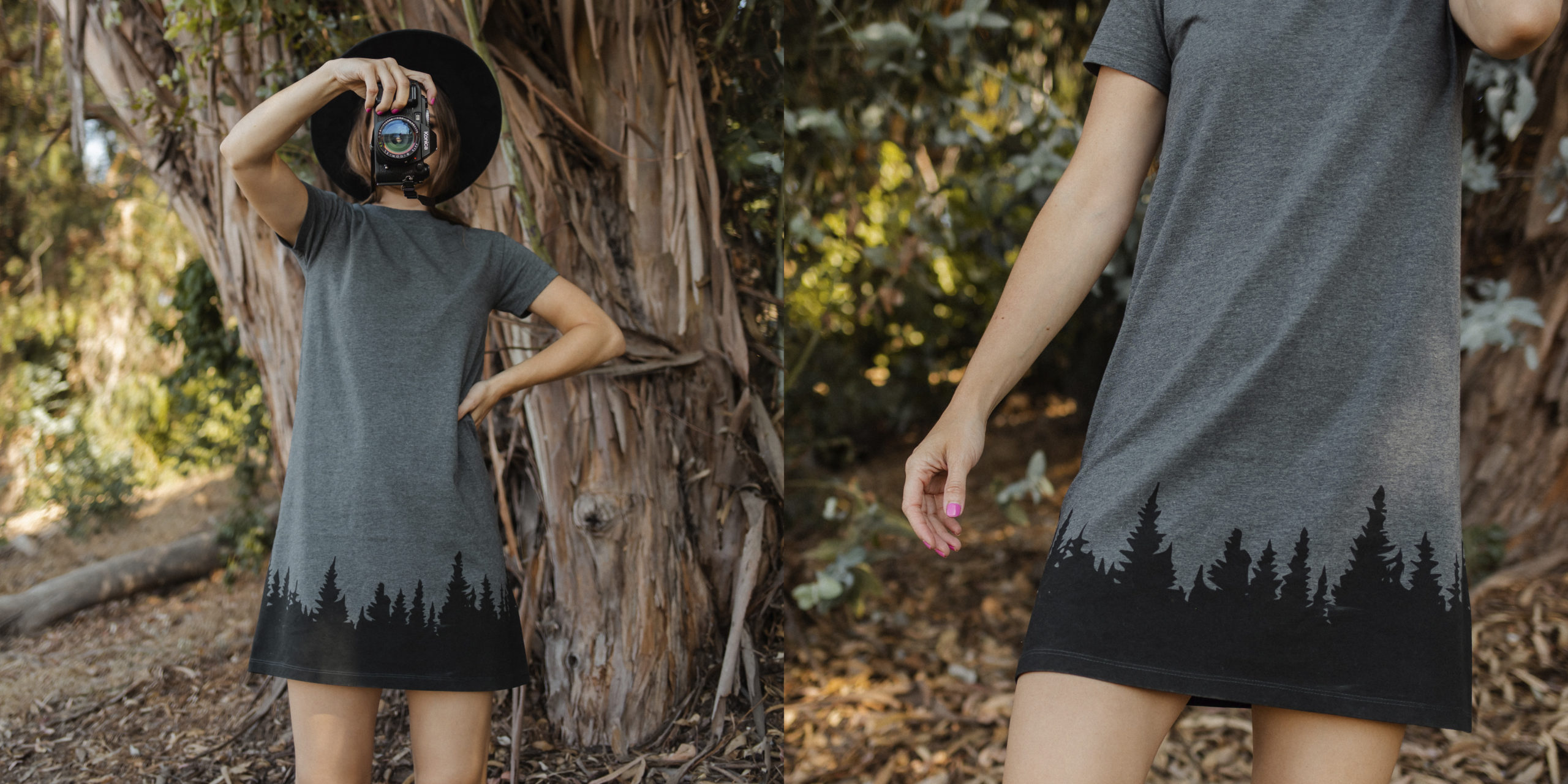 A grey and black sustainably made t-shirt dress by Happy Earth.