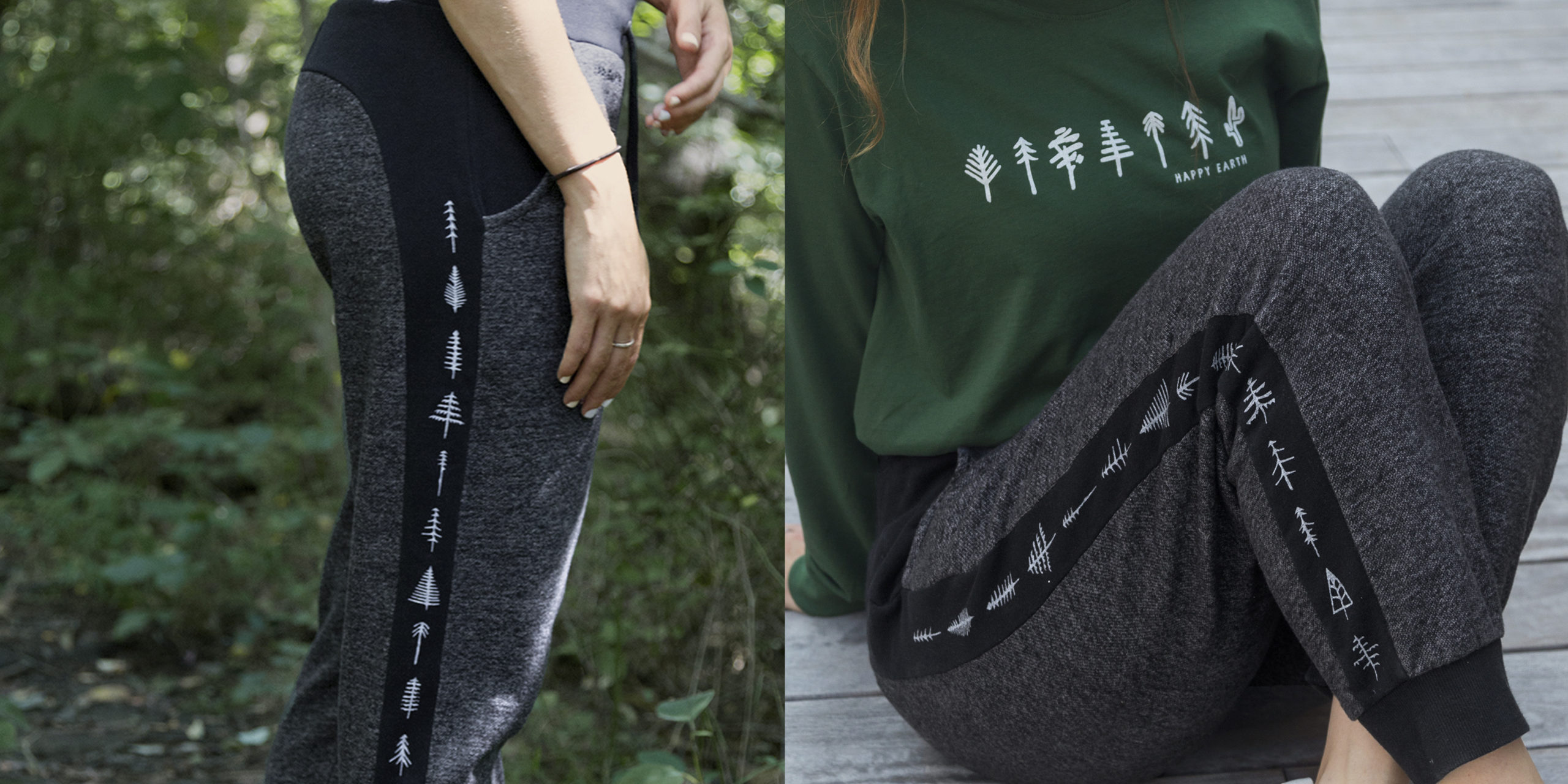 Grey and black tree side print organic cotton joggers by Happy Earth.