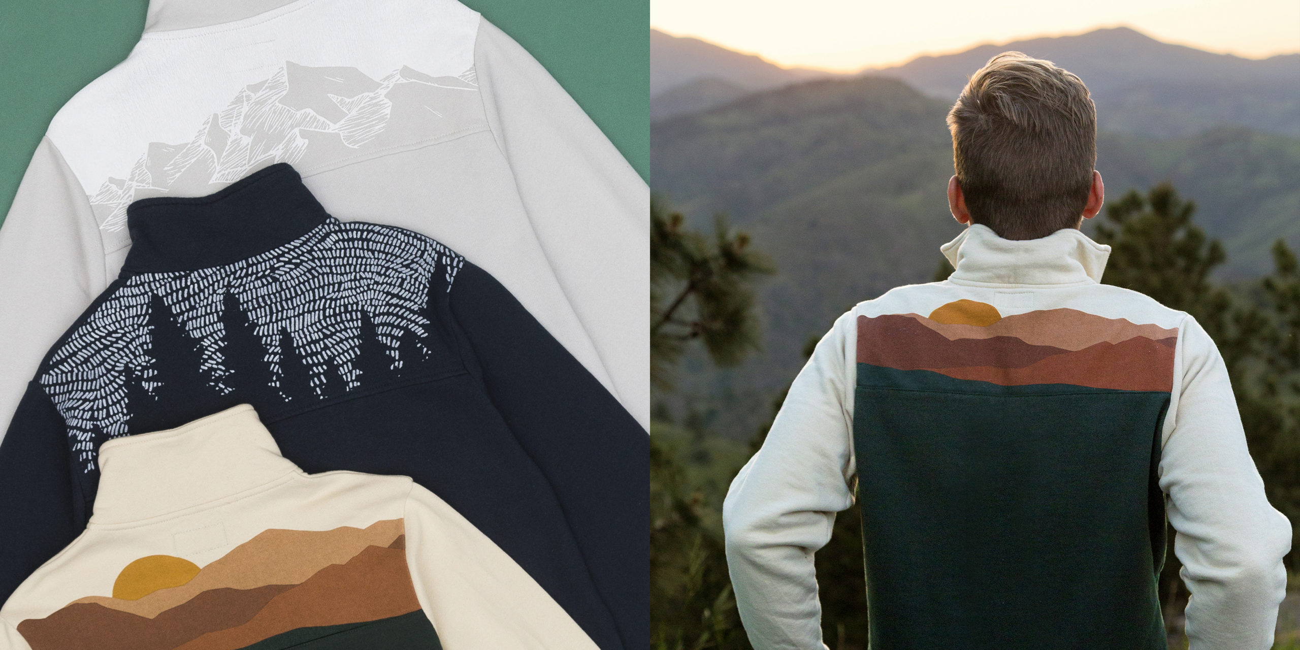 A mountain sunset quarter zip sweatshirt ethically designed by Happy Earth.