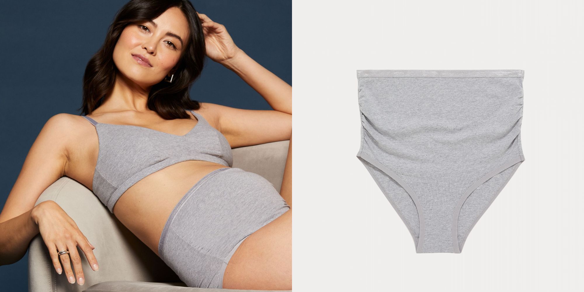 Knickey's new grey above the belly maternity organic cotton underwear.