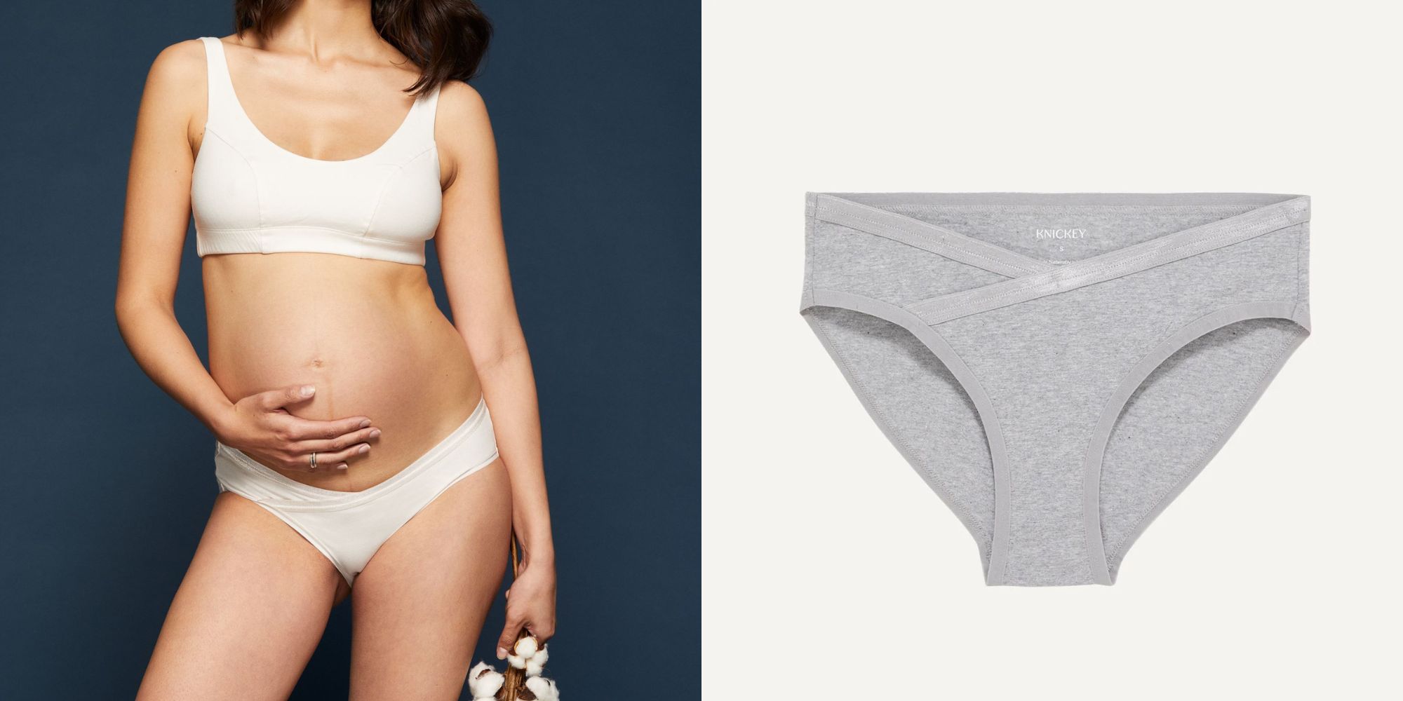 Organic cotton maternity underwear in white and grey below the belly designed by Knickey.