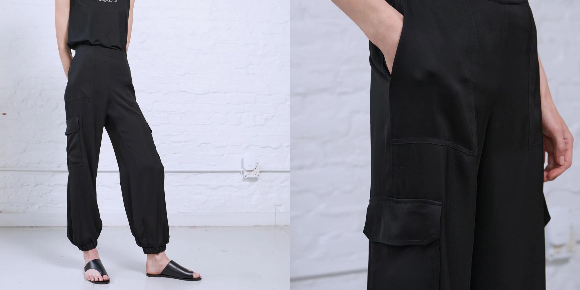 Sustainable black silky cargo pants by Minimalist.