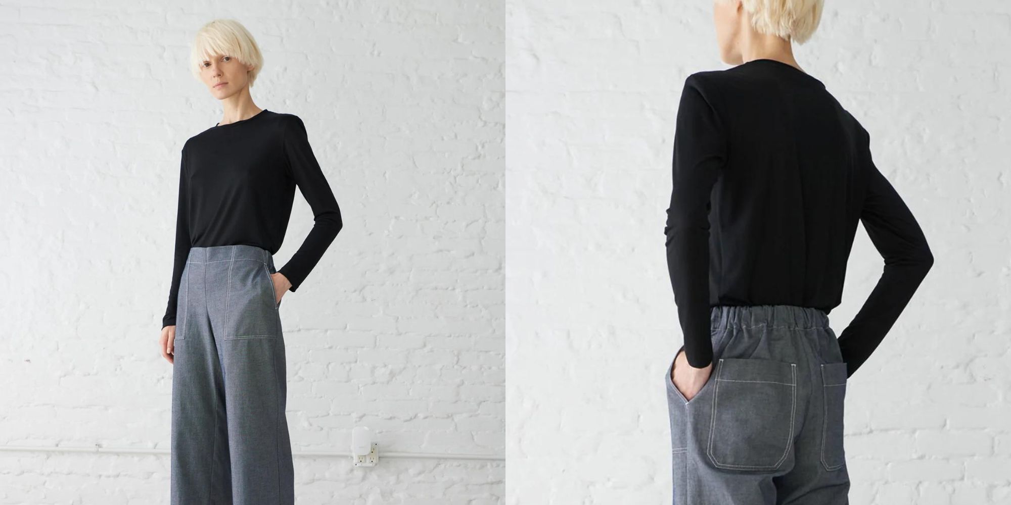 A long sleeve black top with shoulder pads by Minimalist.