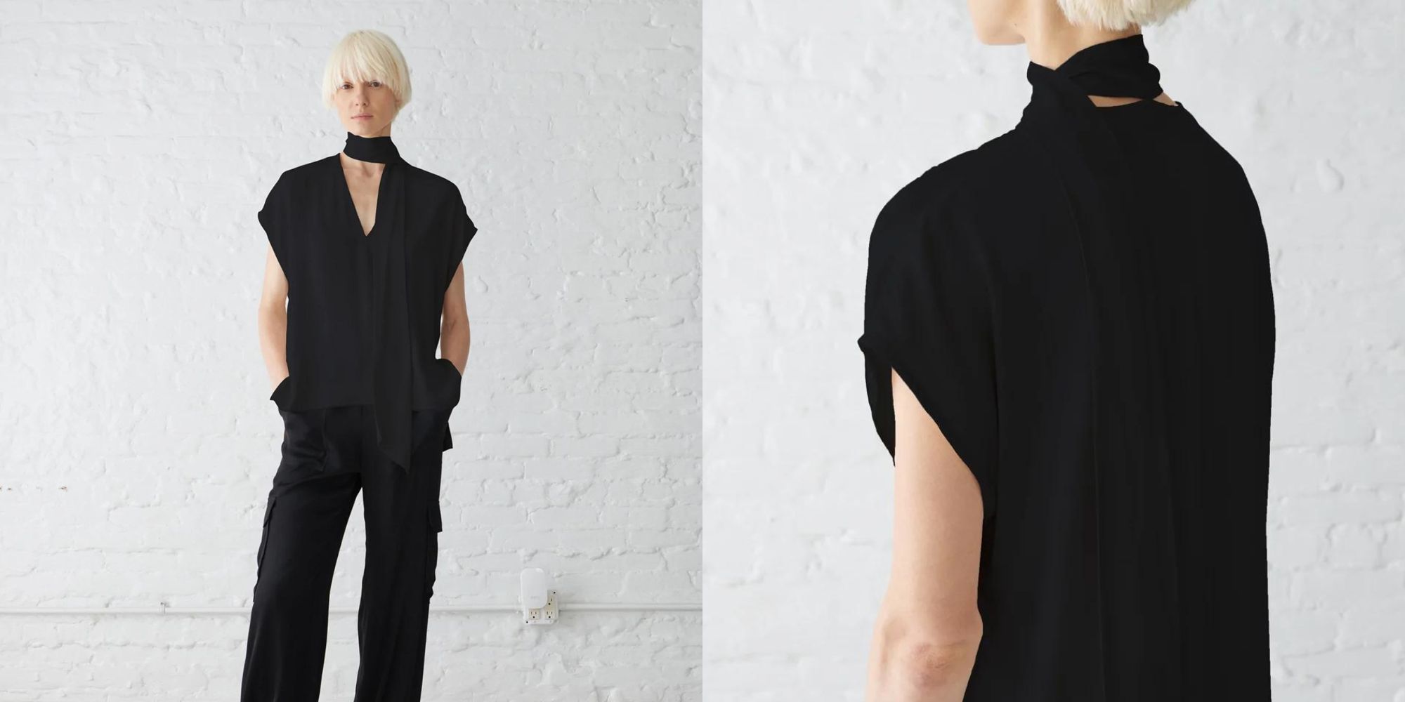 A silky tie neck eco-friendly black top made by Minimalist.
