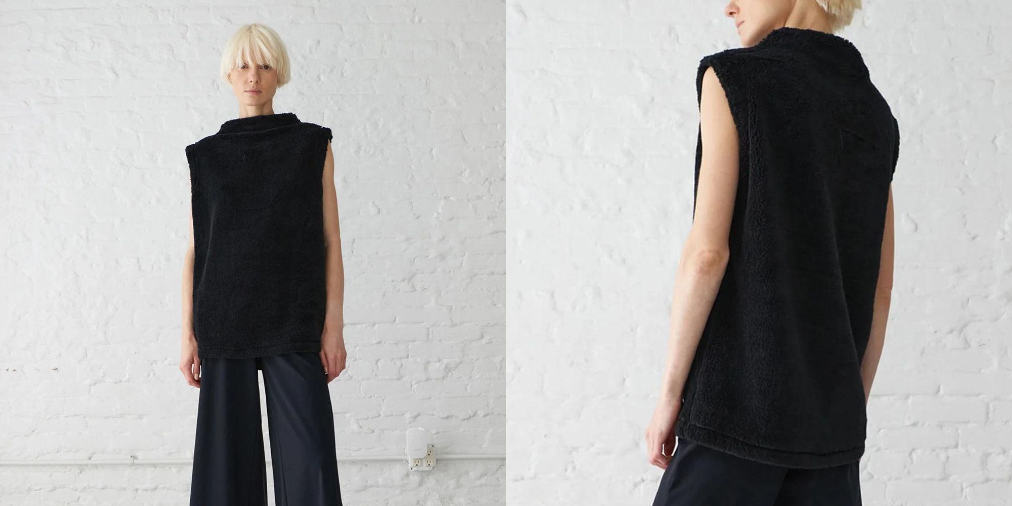 A fluffy black organic cotton vest ethically made by Minimalist.