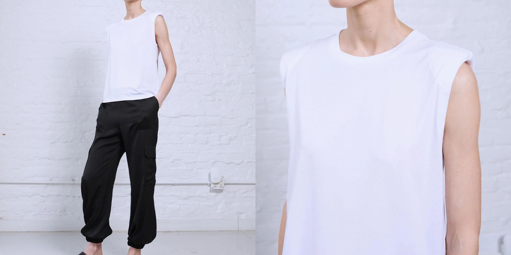 A white shoulder pad organic tank top by Minimalist.